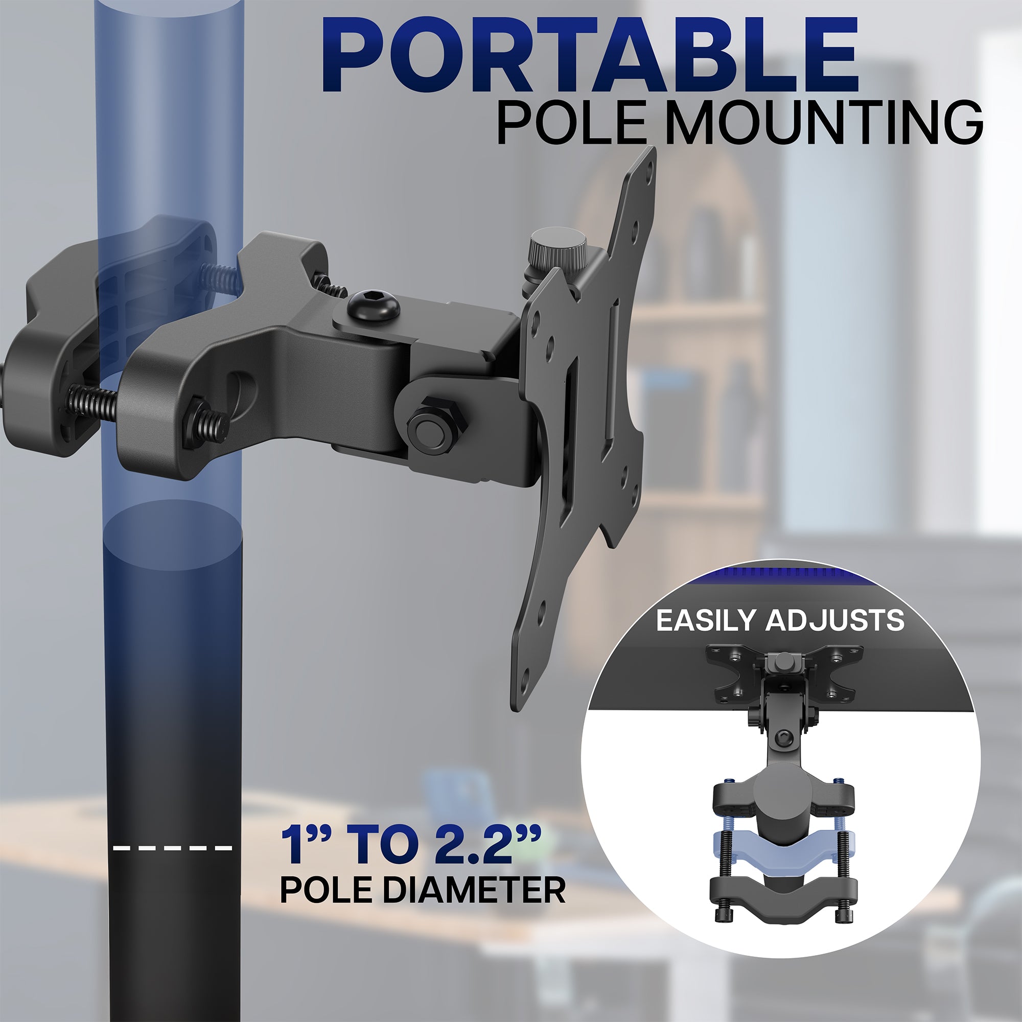 Heavy-duty VESA bracket pole mount.