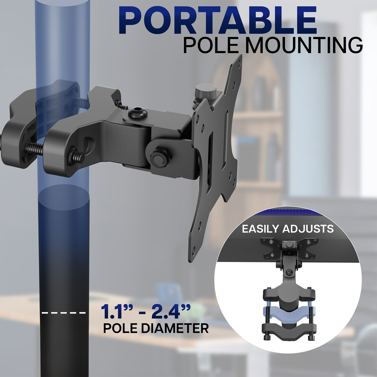 Portable Pole Mounting image with inset of bracket adjusting to fit poles 1.1" to 2.4"