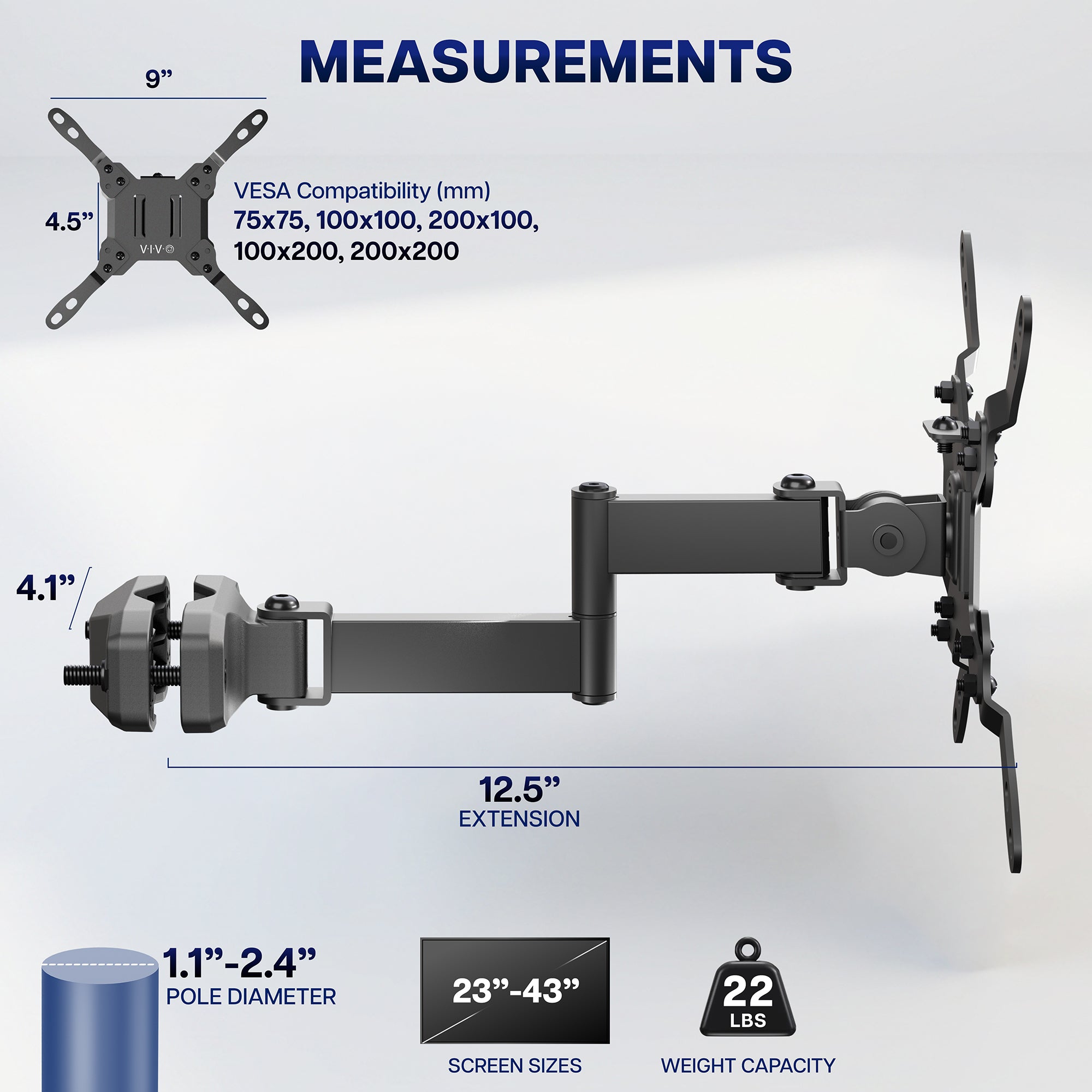 VESA monitor arm pole mount dimensions showing adjustable reach, pole clamp, and articulating joints