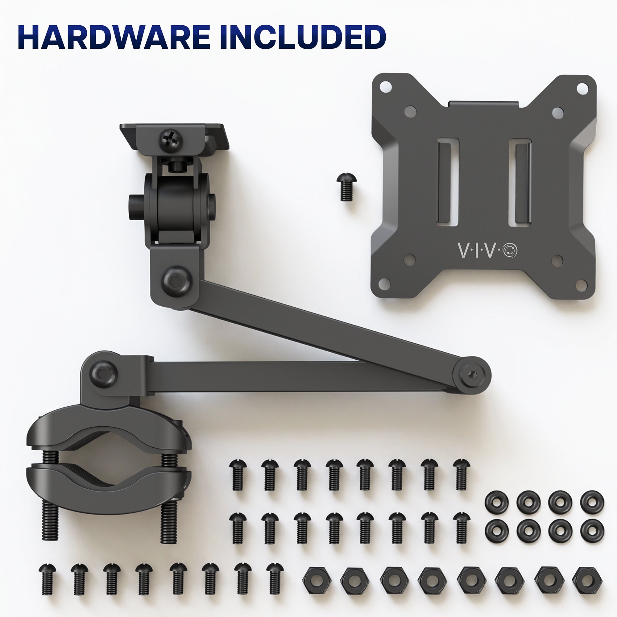 VESA monitor arm pole mount with articulating arm, mounting plate, pole clamp, and installation hardware