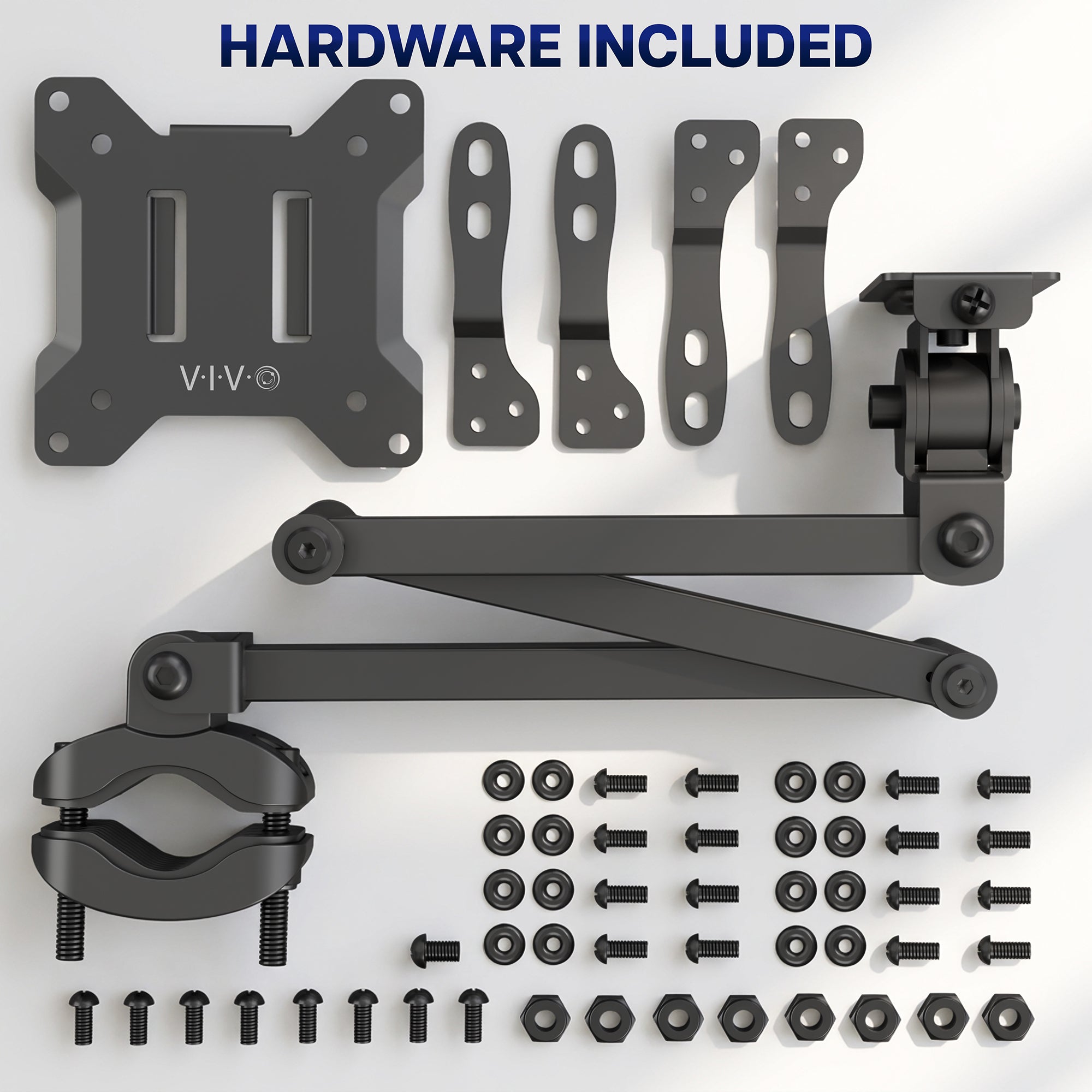 Long arm VESA monitor pole mount with extension arm, mounting bracket, pole clamp, and installation hardware