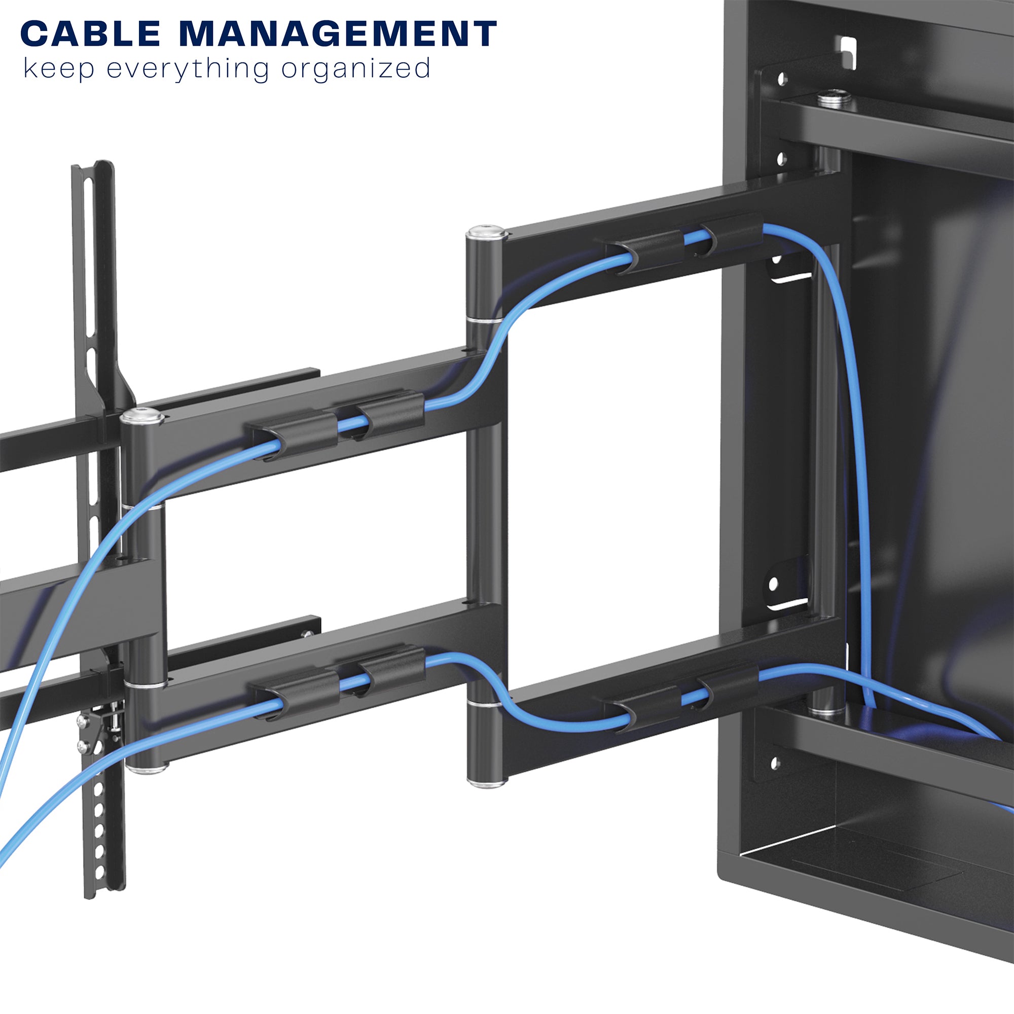 A black large TV wall mount with built-in cable management.