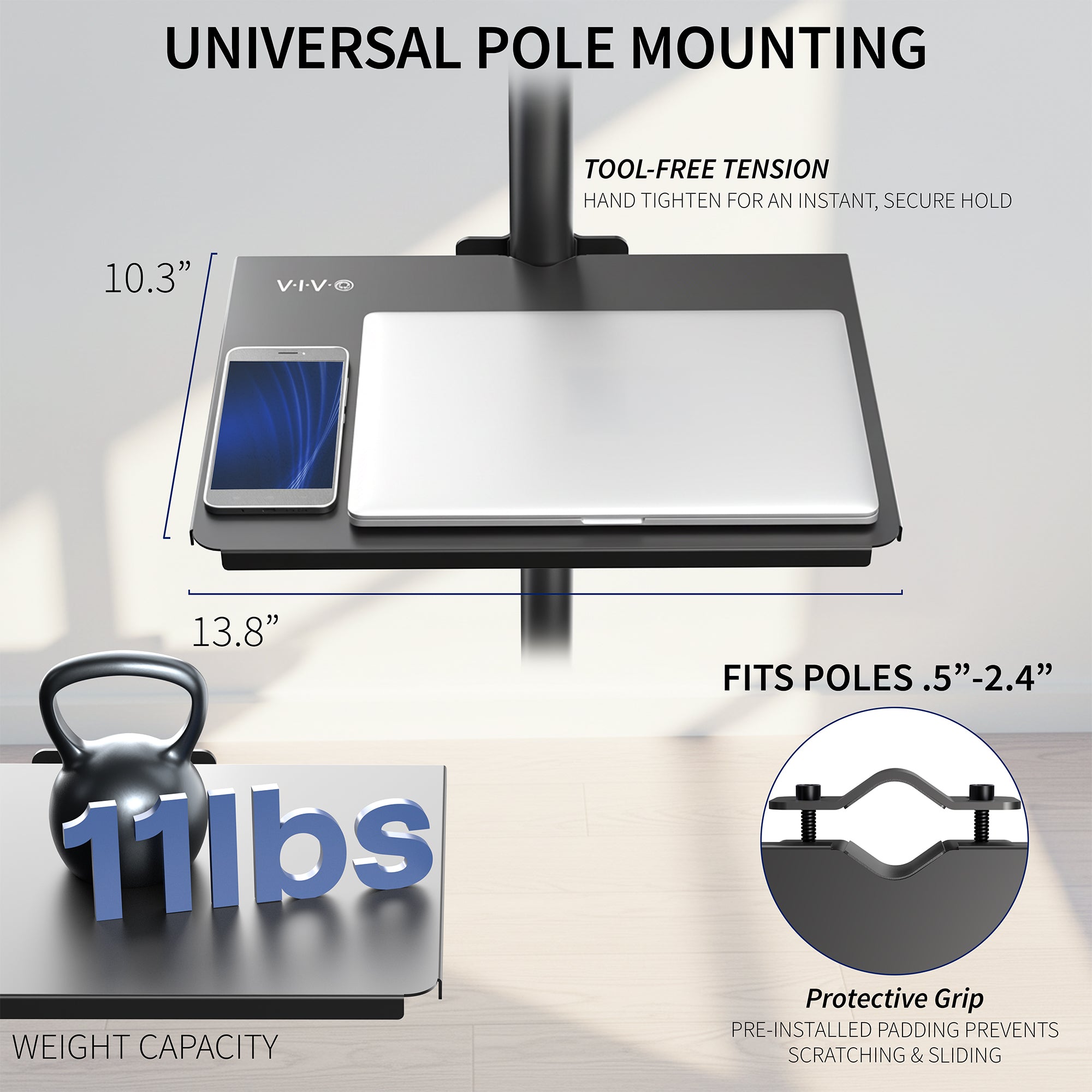 Universal Pole Mounting Shelf, tool-free tension call out and pole compatibility dimensions labeled
