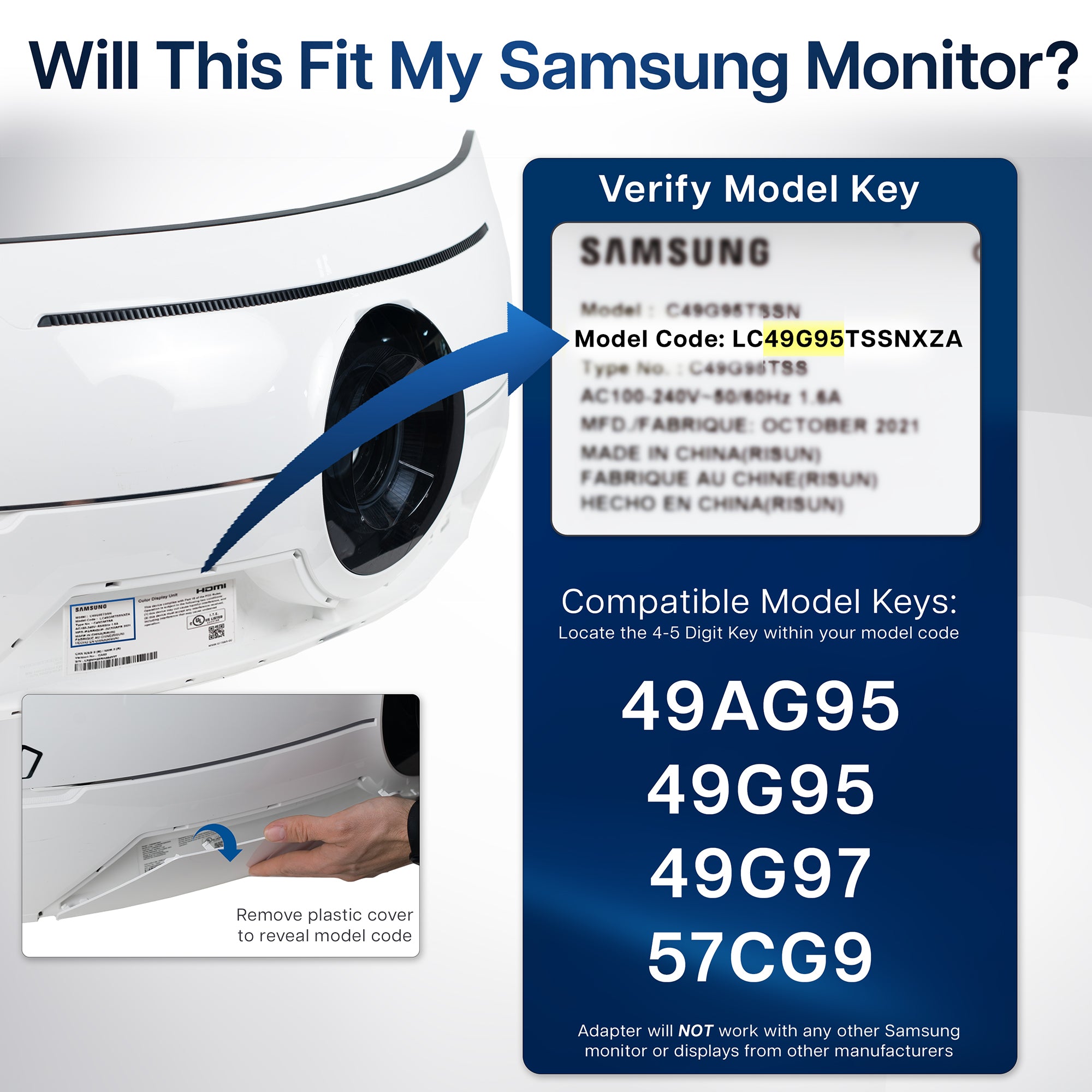 VESA Adapter Designed for Compatible Samsung Neo G9 and Odyssey G9 (models LS49AG952NNXZA, LC49G95TSSNXZA, LC49G97TSSNXDC, LS57CG952NNXZA), allowing your non VESA compatible monitor to be mounted to a stand of your choice