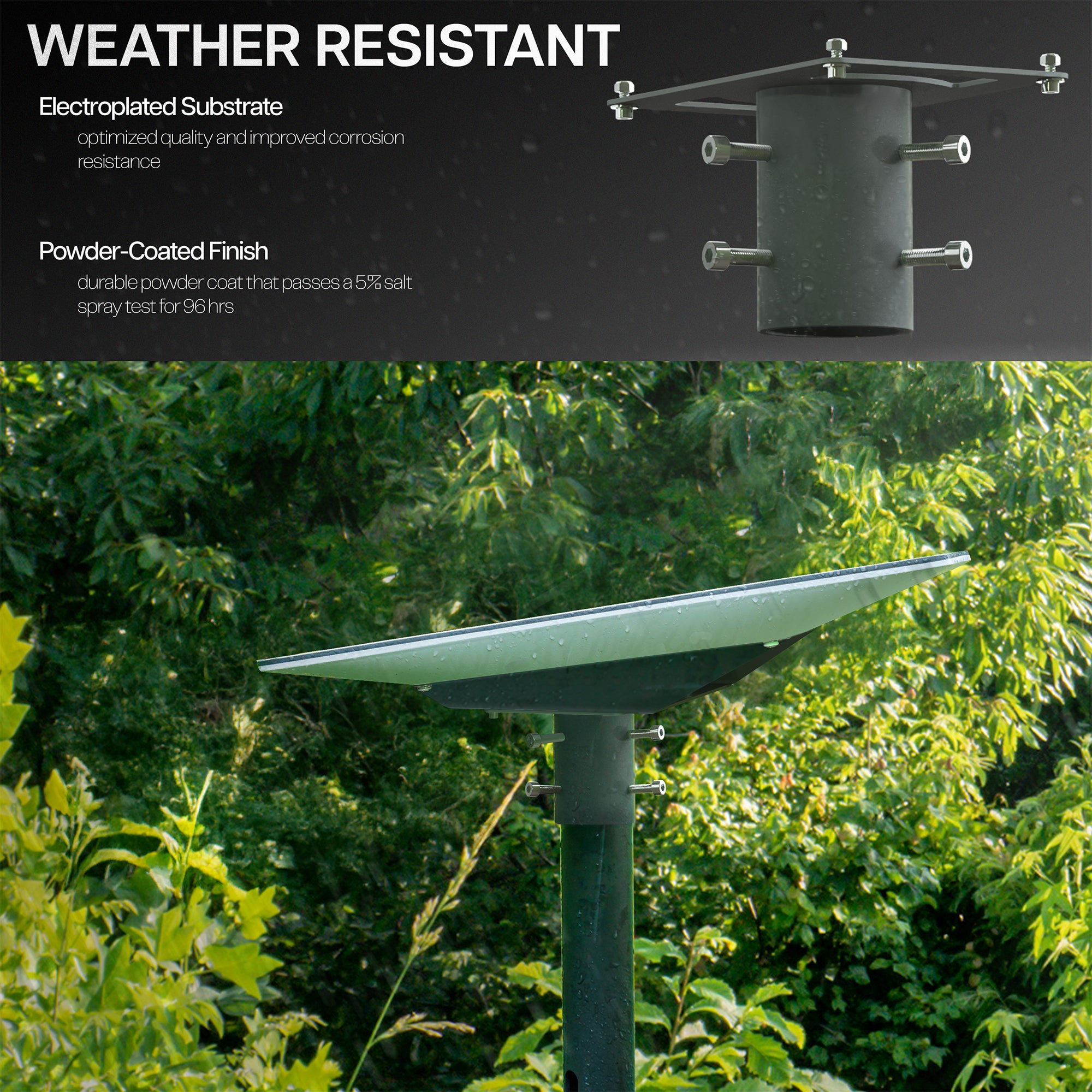 A gray pole adapter with text on weather resistant nature on an outdoor background.