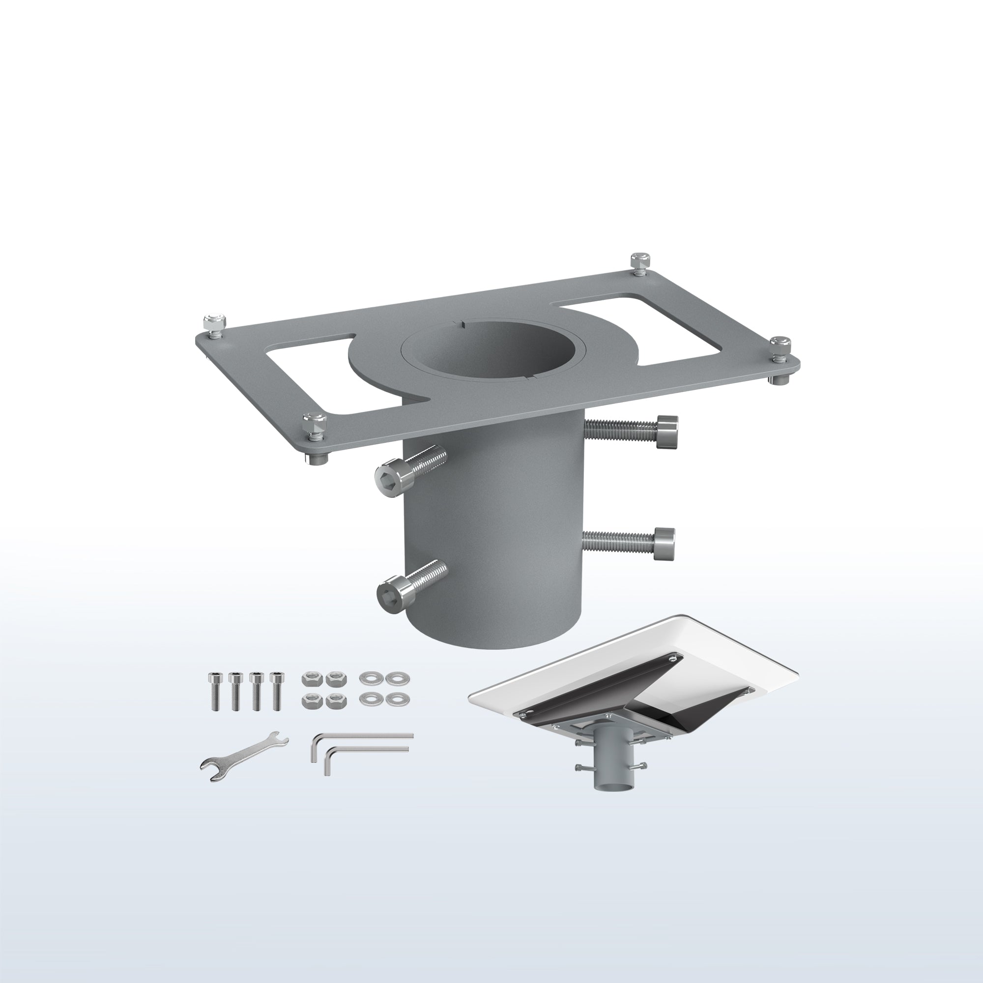 A gray pole adapter with various mounting hardware, including bolts and wrenches, displayed on a white background.