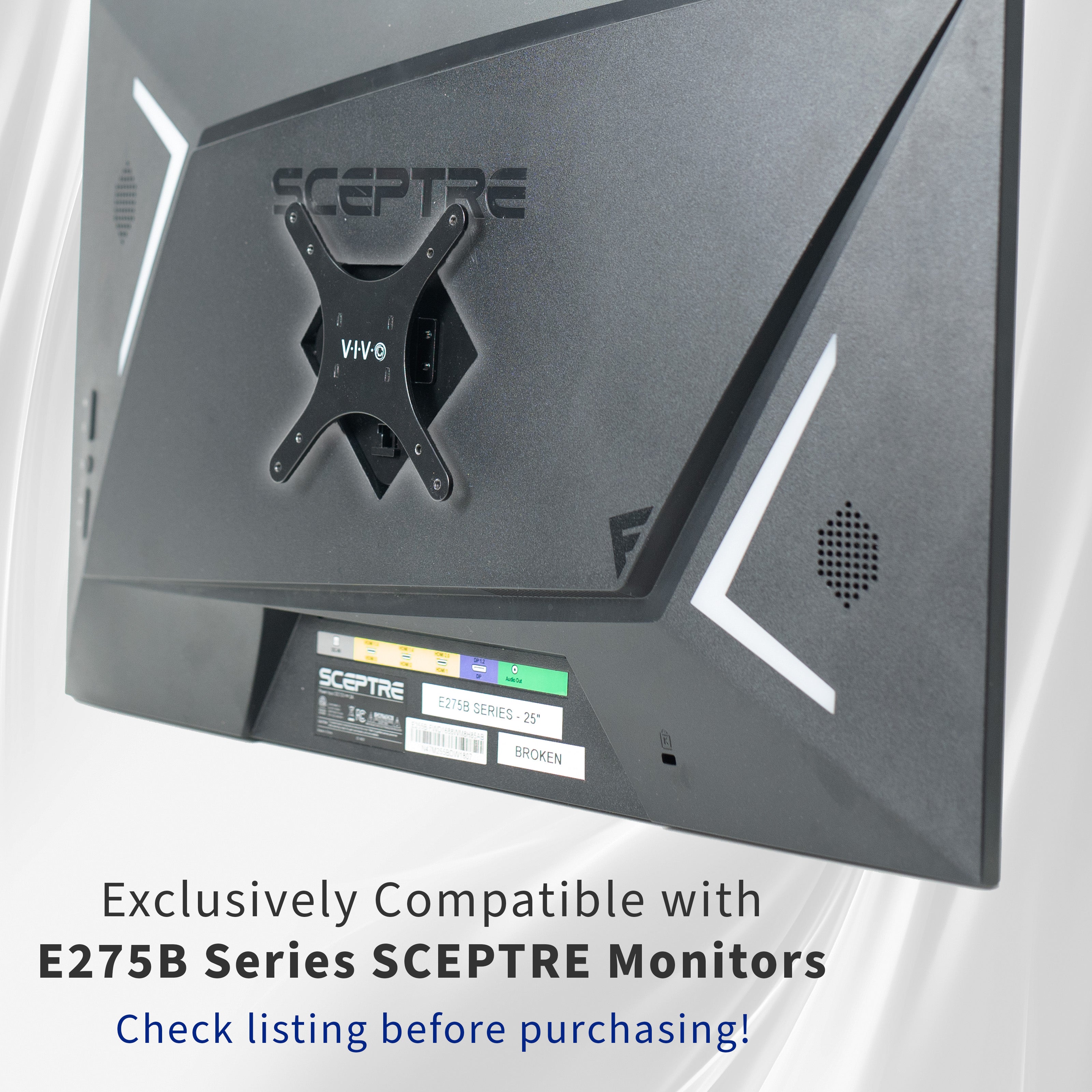 A black VESA adapter designed for compatible Sceptre monitors.
