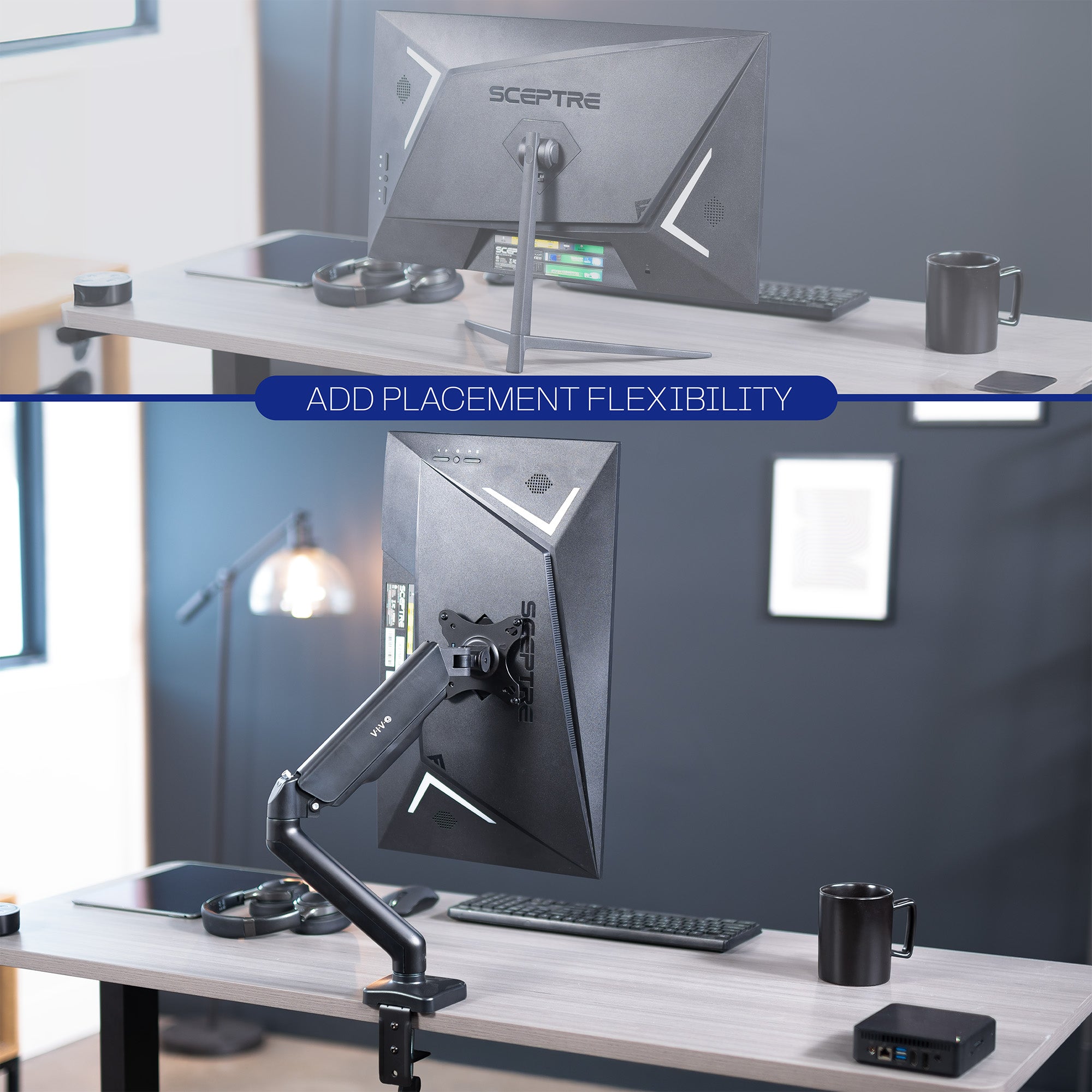 A black VESA adapter designed for compatible Sceptre monitors.