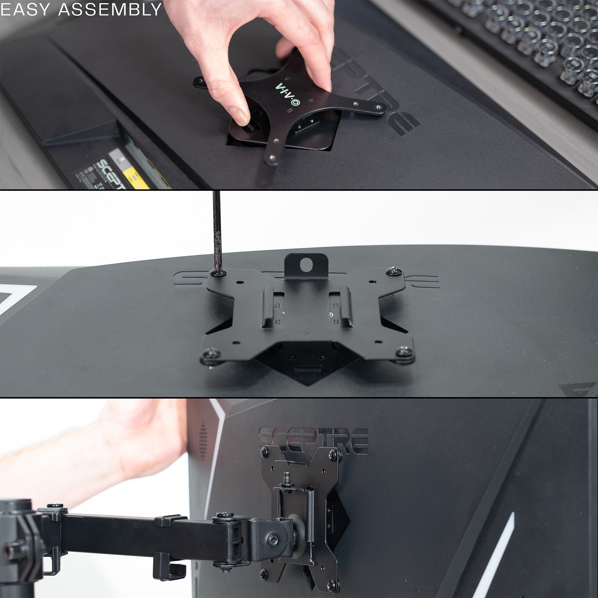 A black VESA adapter designed for compatible Sceptre monitors.