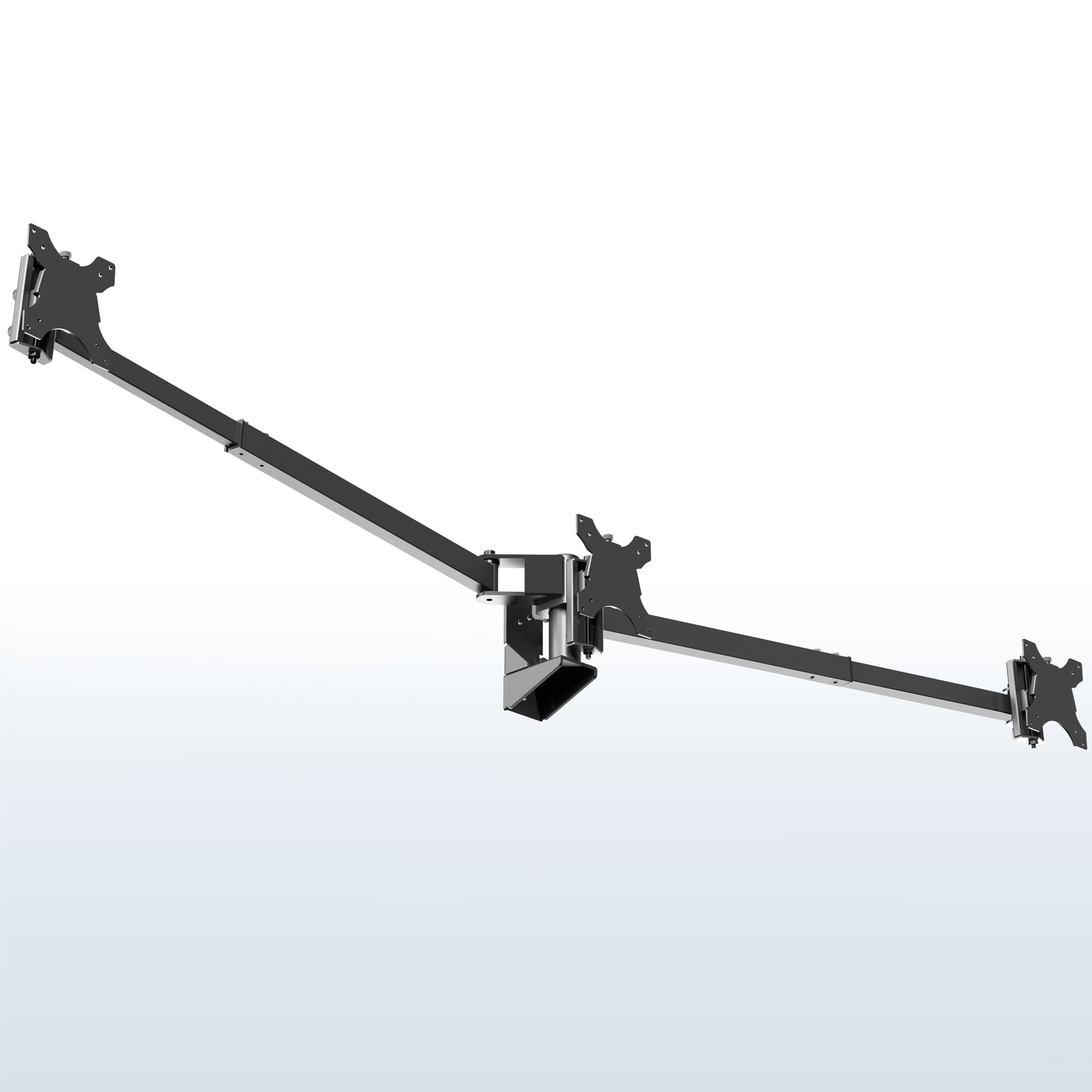 A black telescoping triple monitor wall mount with adjustable arms for mounting multiple screens.