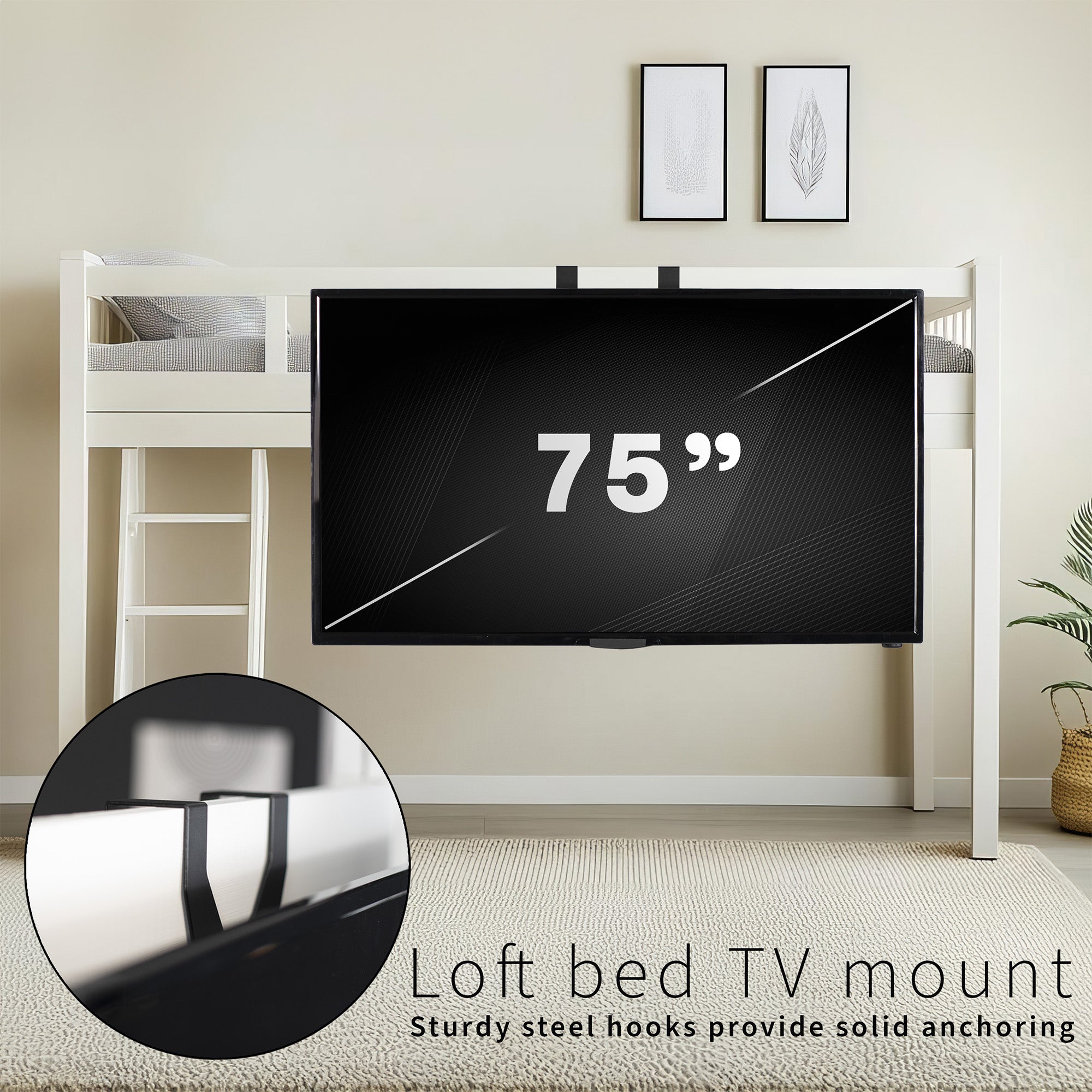 75-inch TV mounted on a loft bed