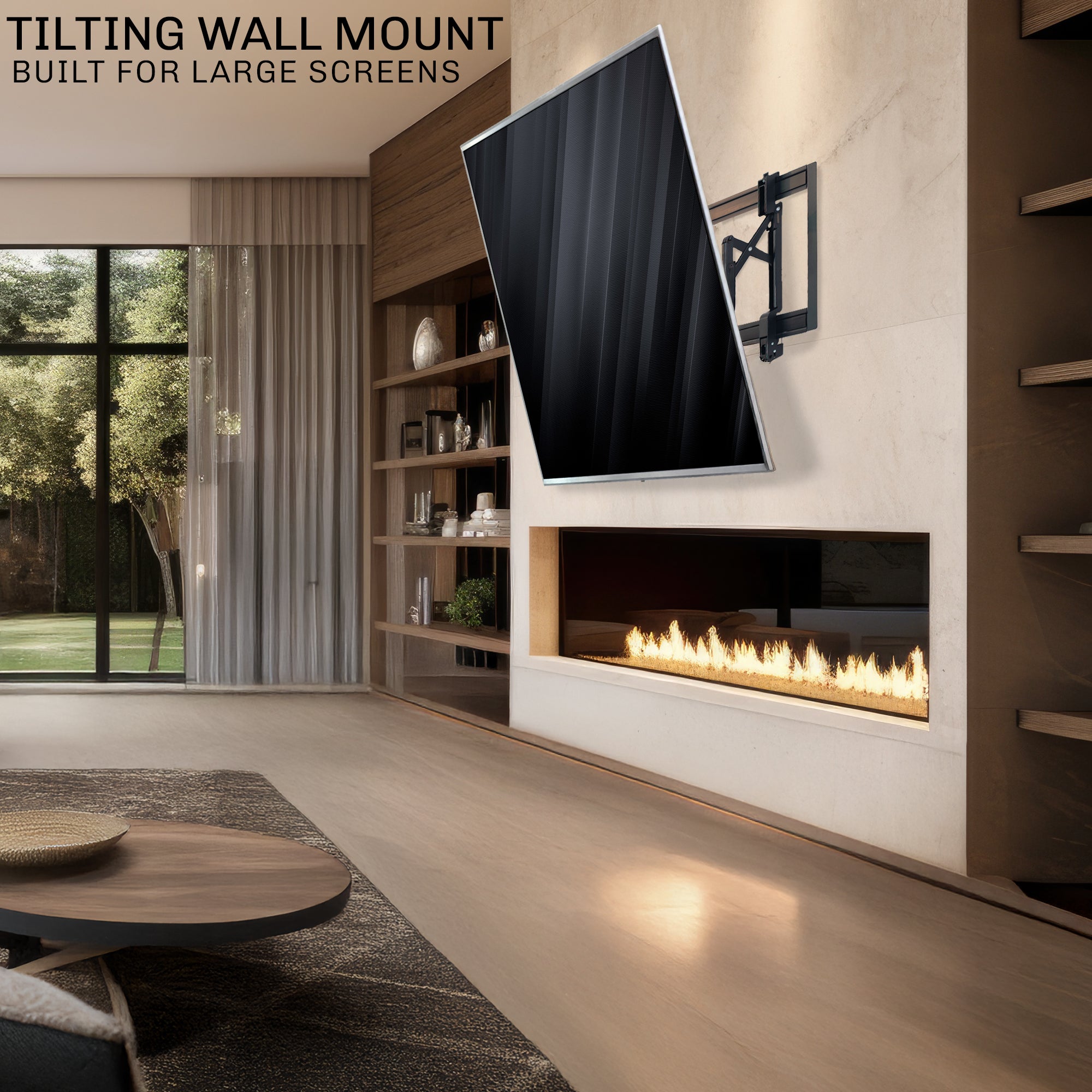 Modern living room with a large TV mounted on the wall above a fireplace.