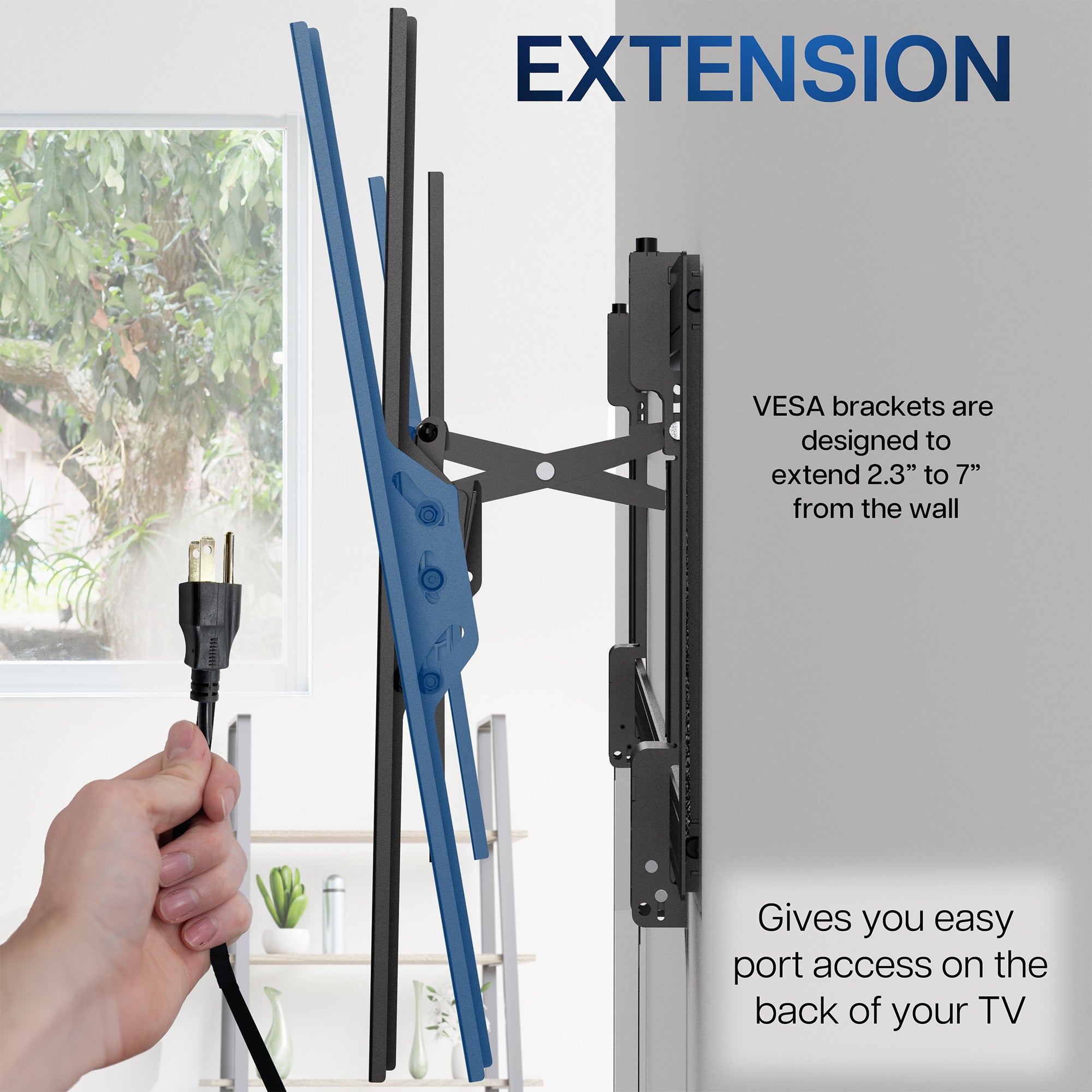 TV extension bracket with VESA compatibility on a wall, showing port access.