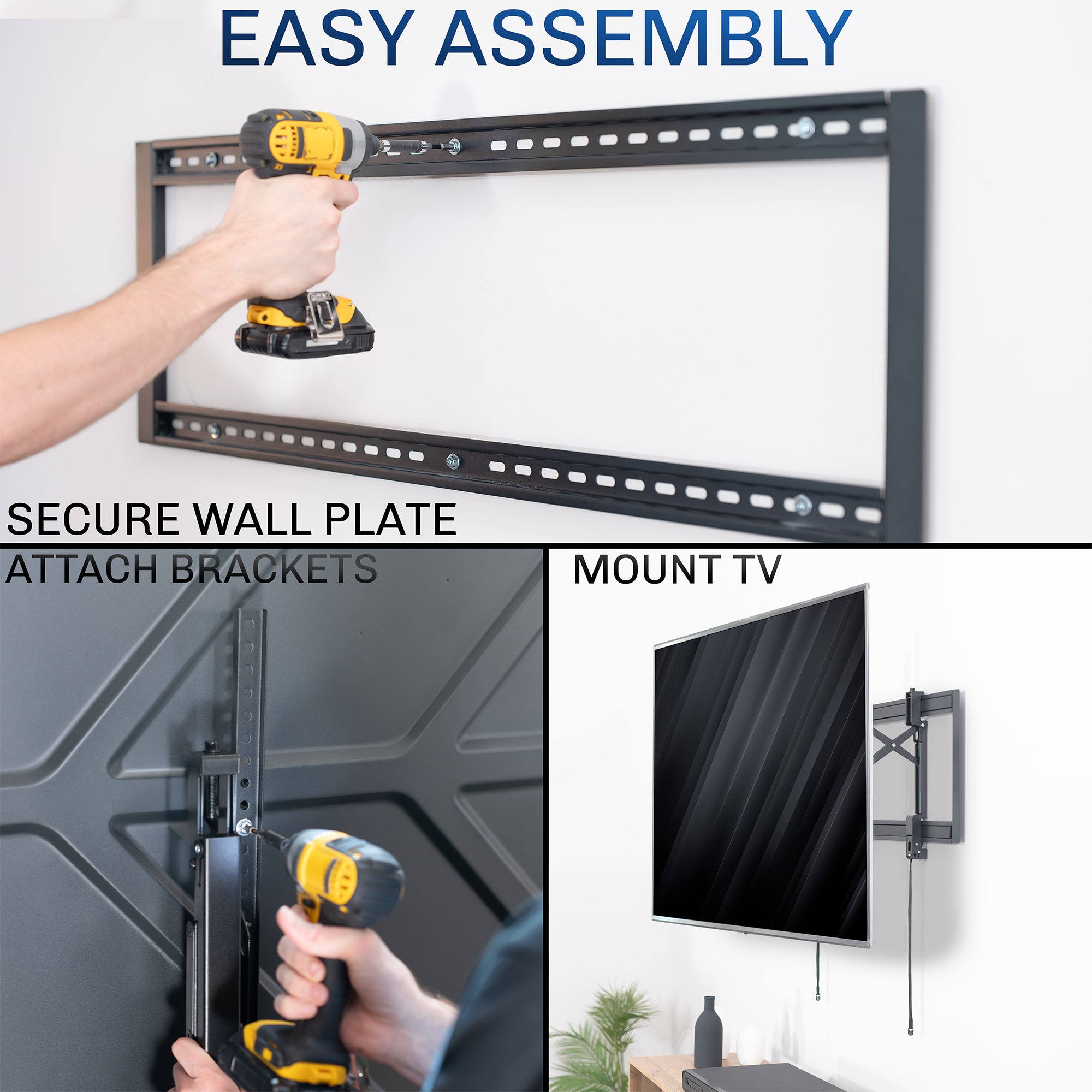 Step-by-step guide on mounting a TV with tools and hardware.