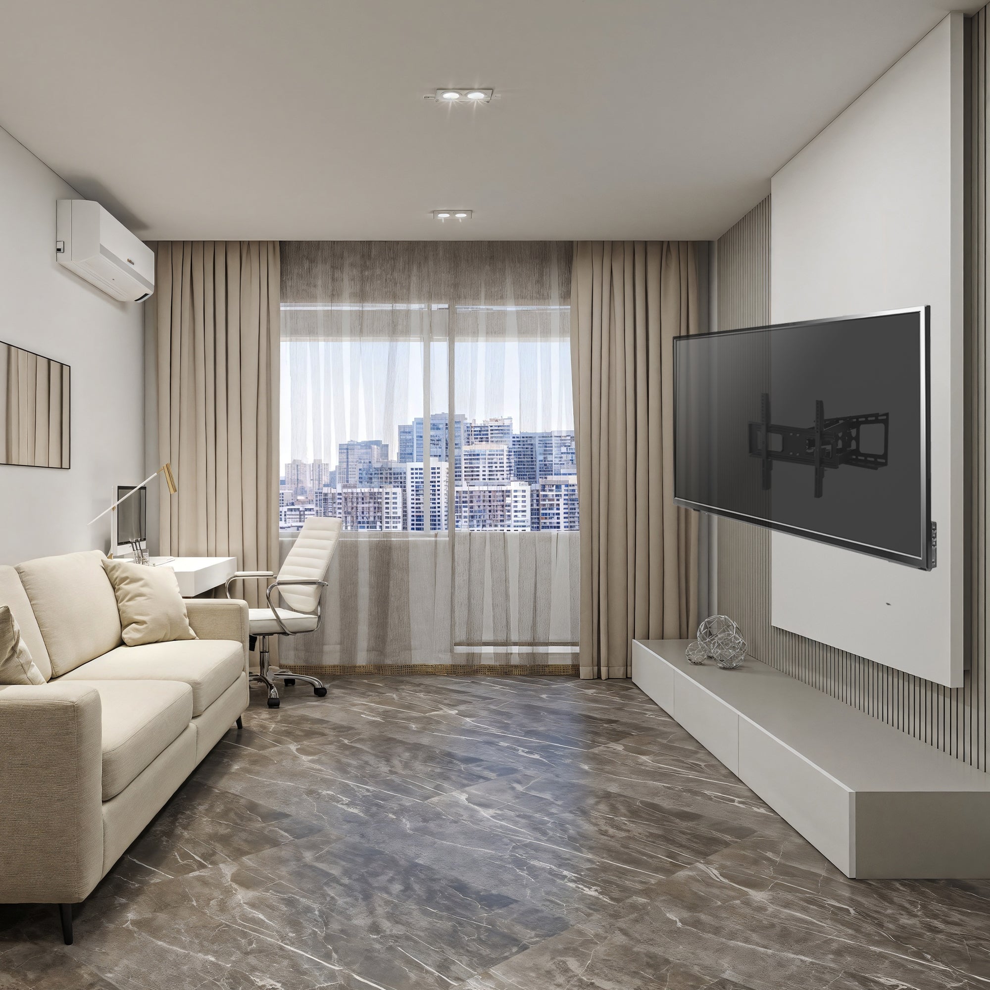 Black full motion TV wall mount in a living room setting.