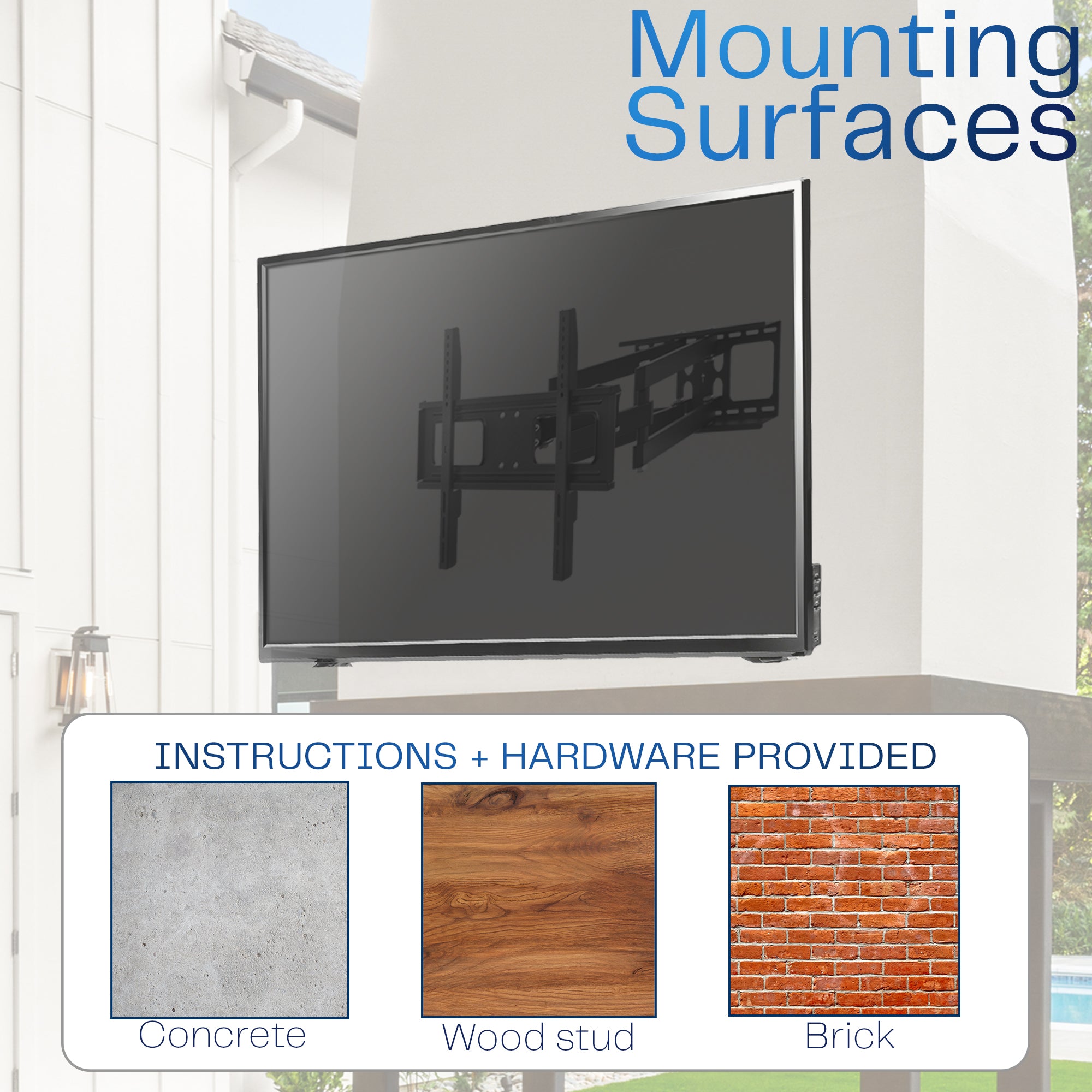 Black full motion TV wall mount with different mounting surface options.