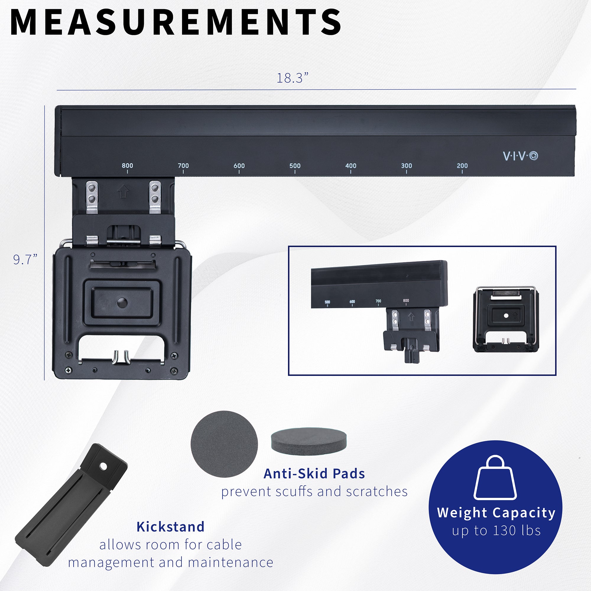 Measurement details of a Universal Micro-Gap TV Wall Mount with anti-skid pads, kickstand, and weight capacity information.