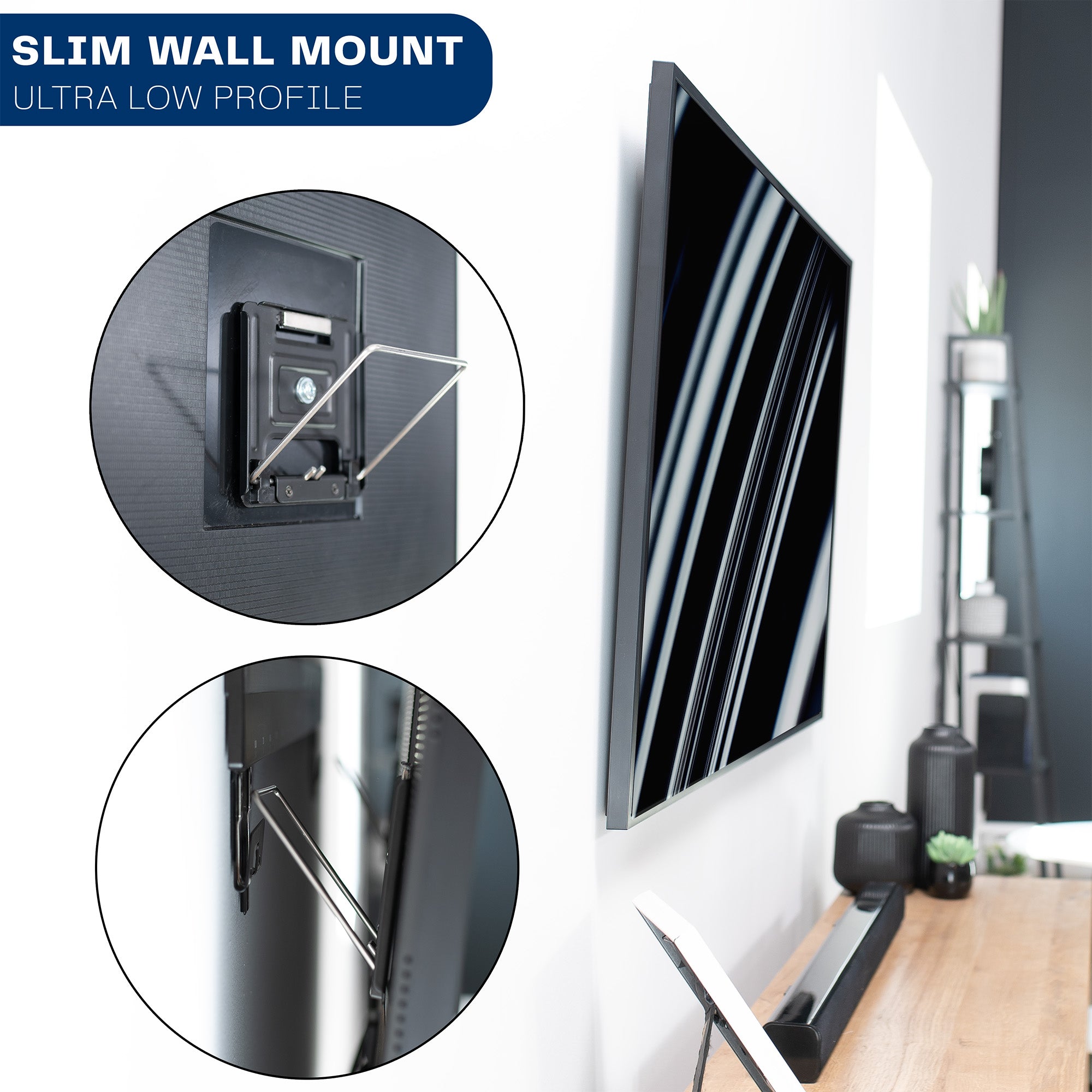 Slim wall mount for TV installation with close-up details on a white wall.