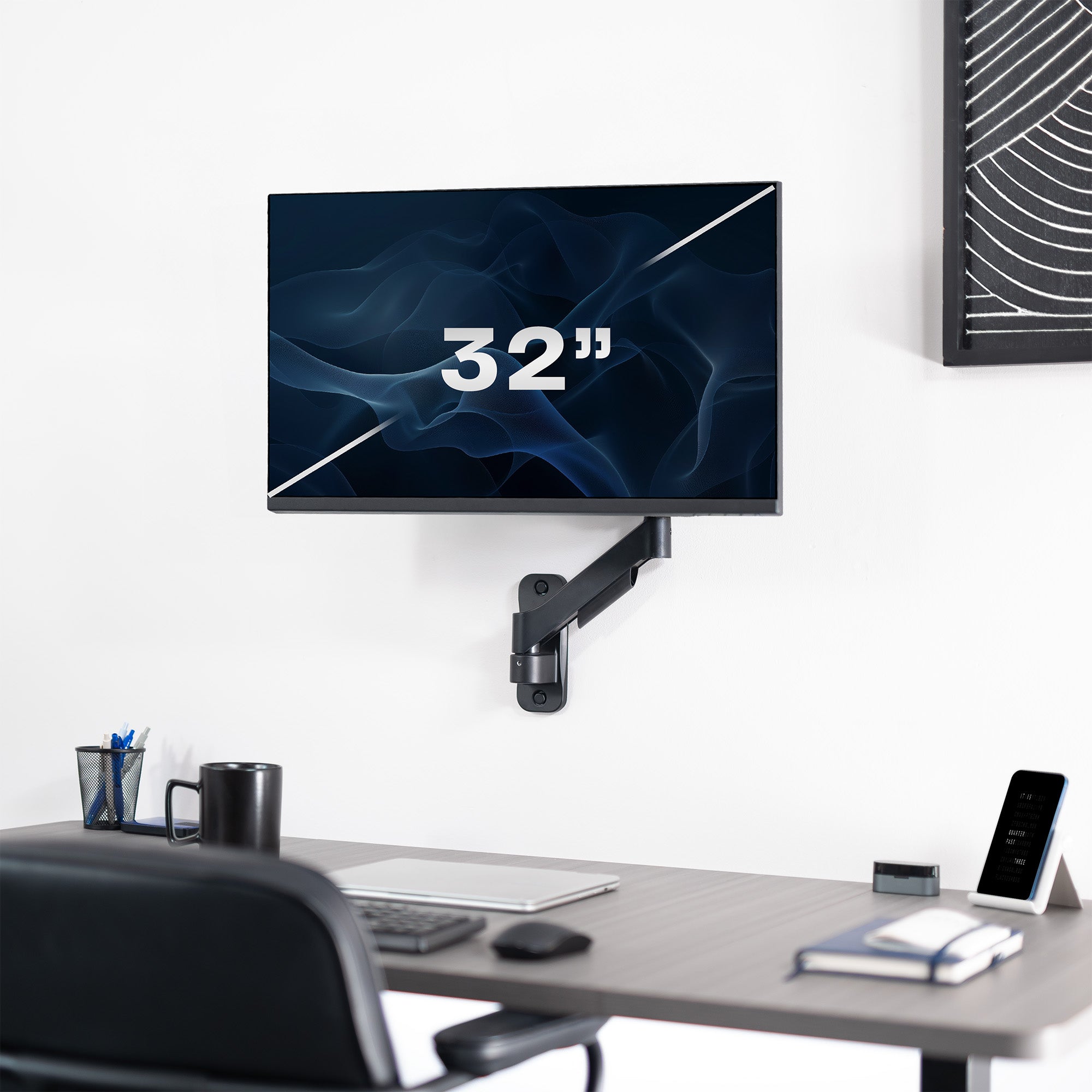 Sturdy adjustable mechanical arm single monitor ergonomic wall mount for office workstation.