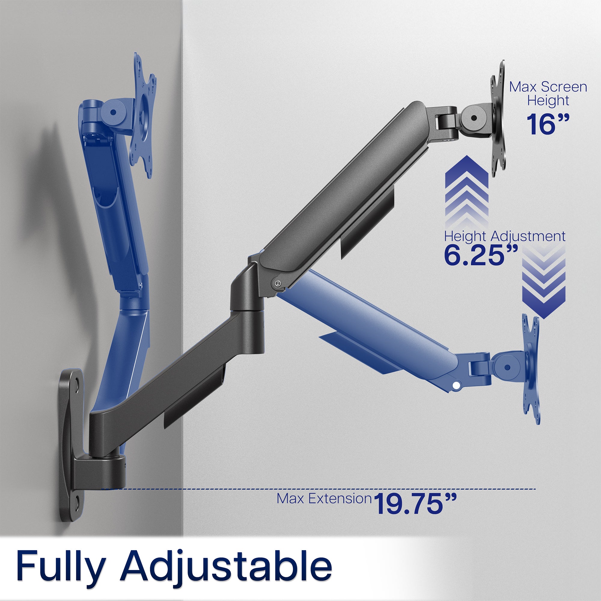Sturdy adjustable mechanical arm single monitor ergonomic wall mount for office workstation.