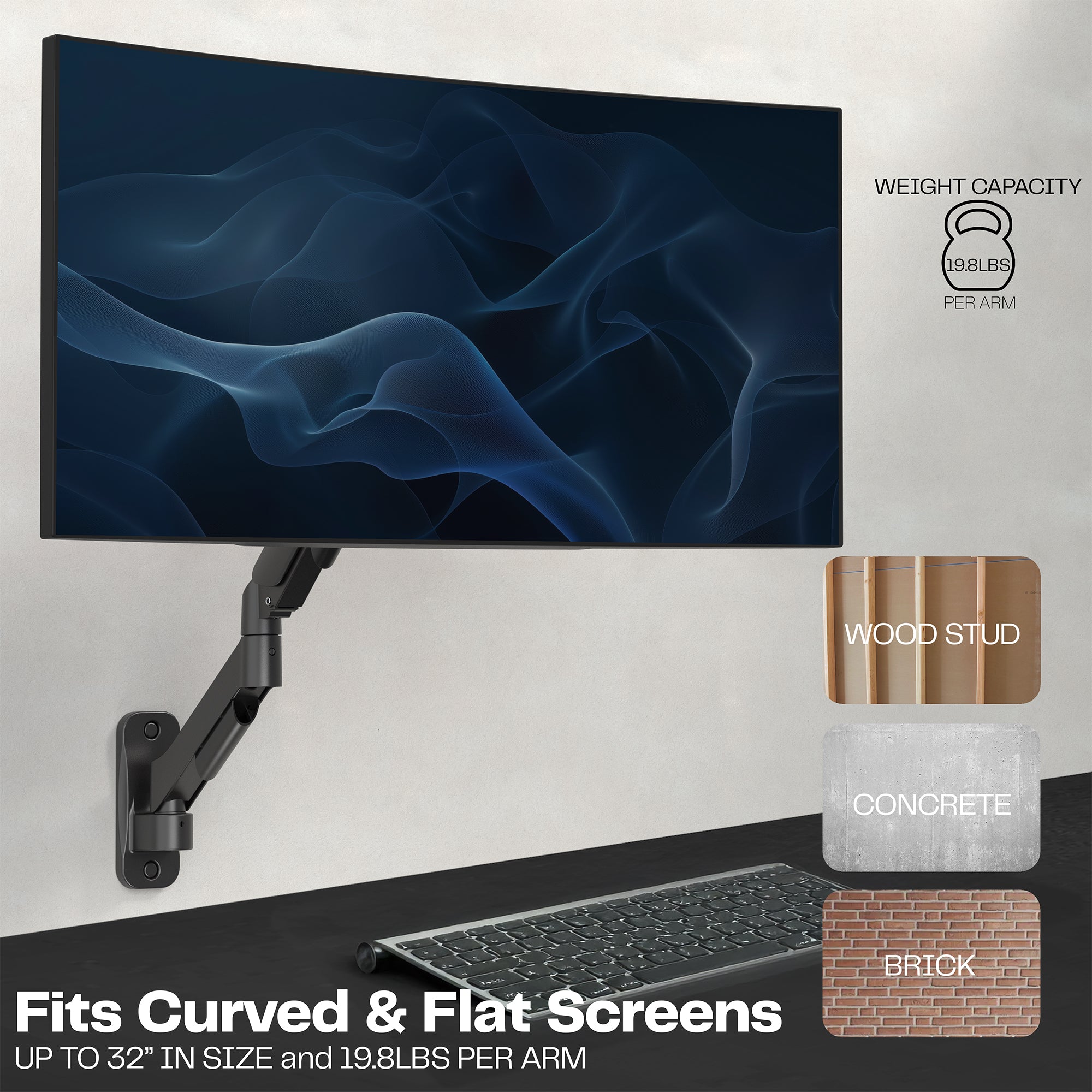 Sturdy adjustable mechanical arm single monitor ergonomic wall mount for office workstation.