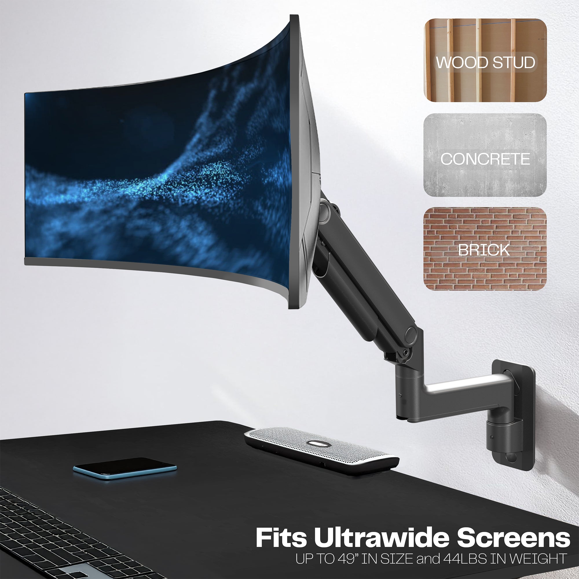 A single ultrawide computer monitor attached to a pneumatic arm wall mount with different surface mounting options.