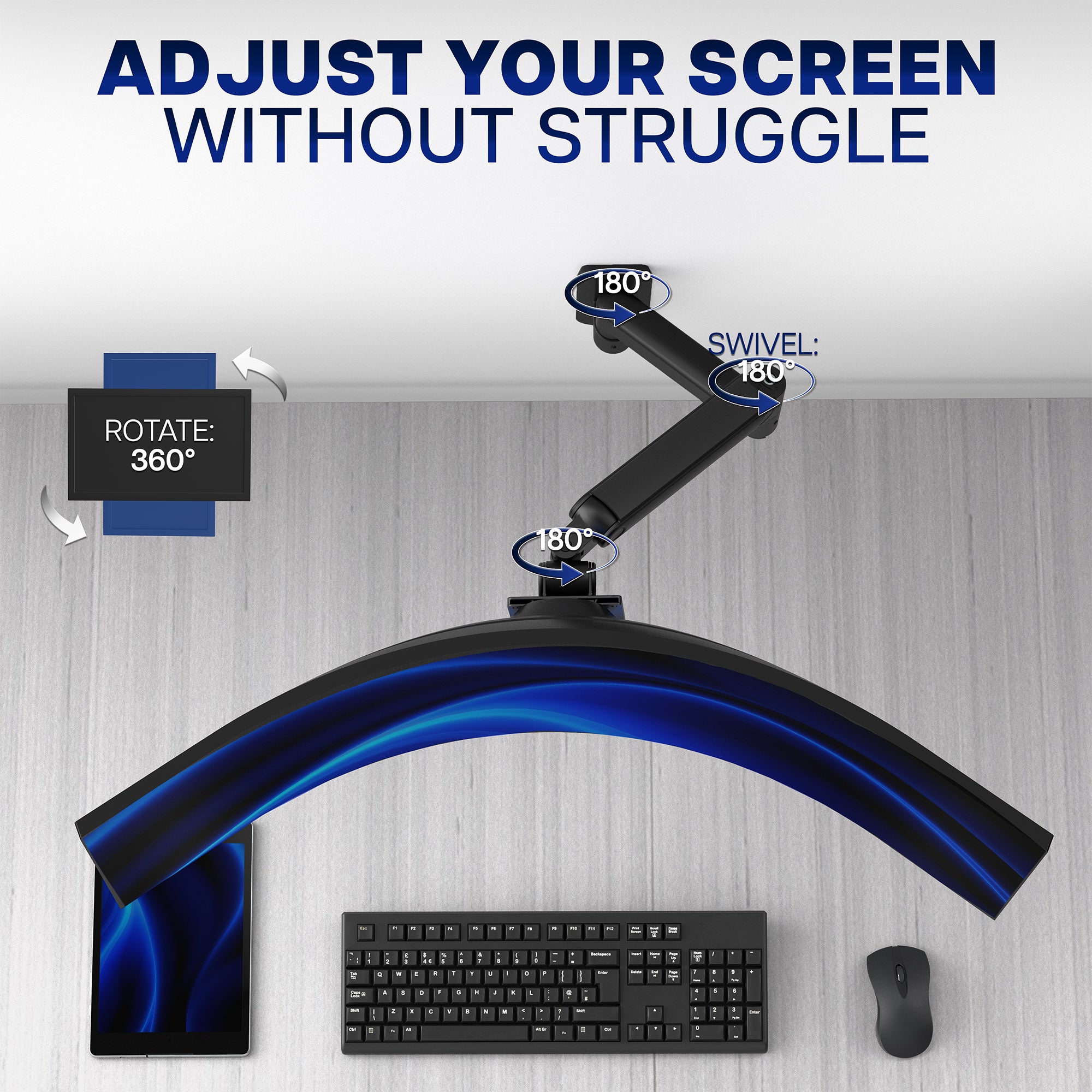 Articulation shot of floating monitor on wall with text stating "adjust your screen without struggle"