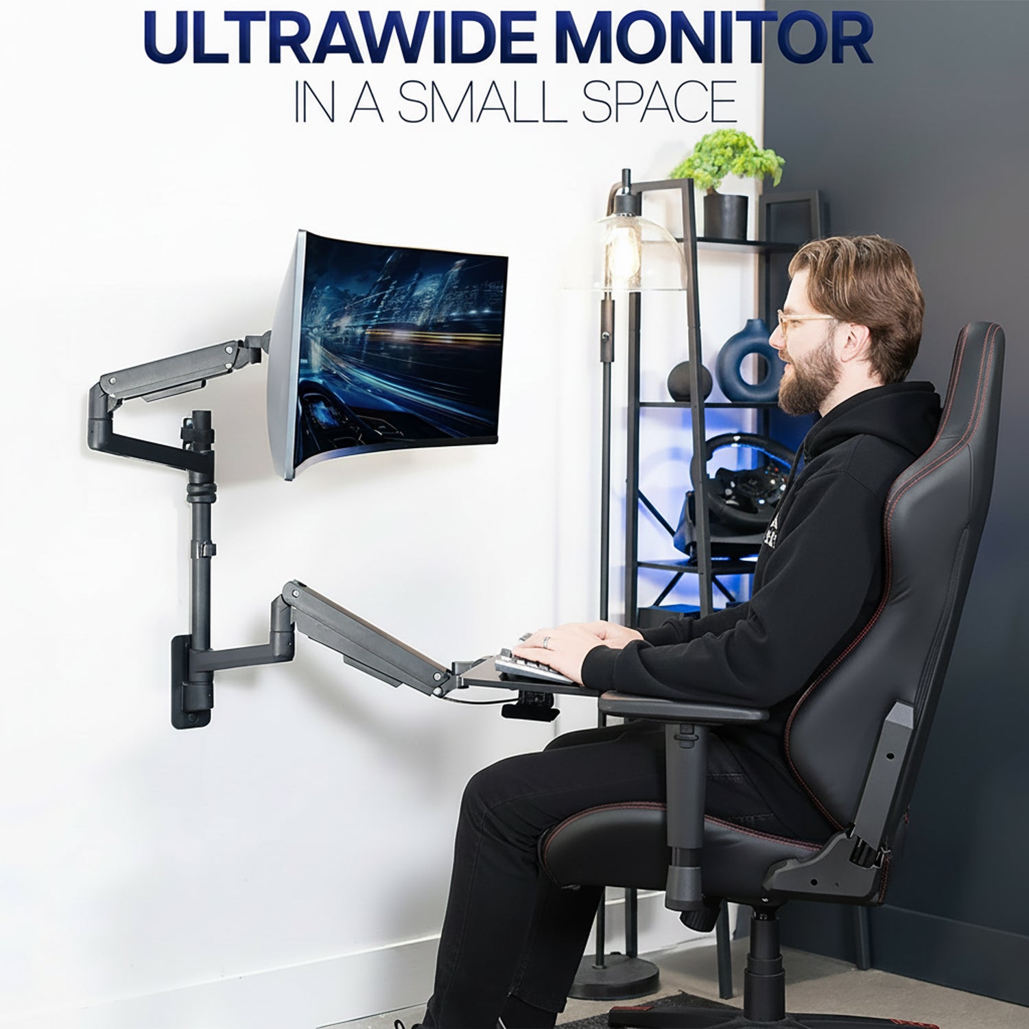 Pneumatic Arm Single Ultrawide Monitor Wall Mount + Keyboard Tray - Up to 49" Screens