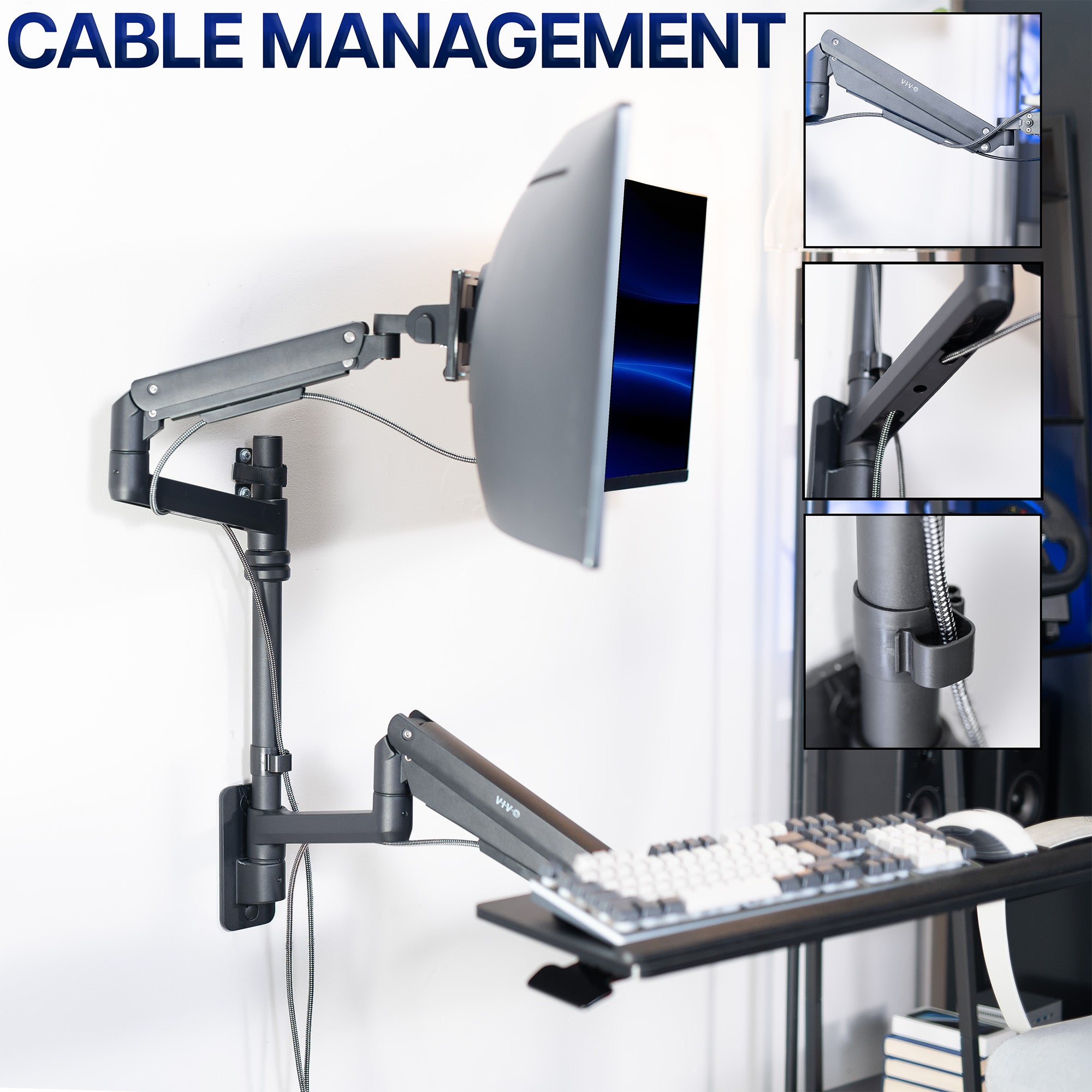 Pneumatic Arm Single Ultrawide Monitor Wall Mount + Keyboard Tray with cable management to maintain a clean, organized workspace.