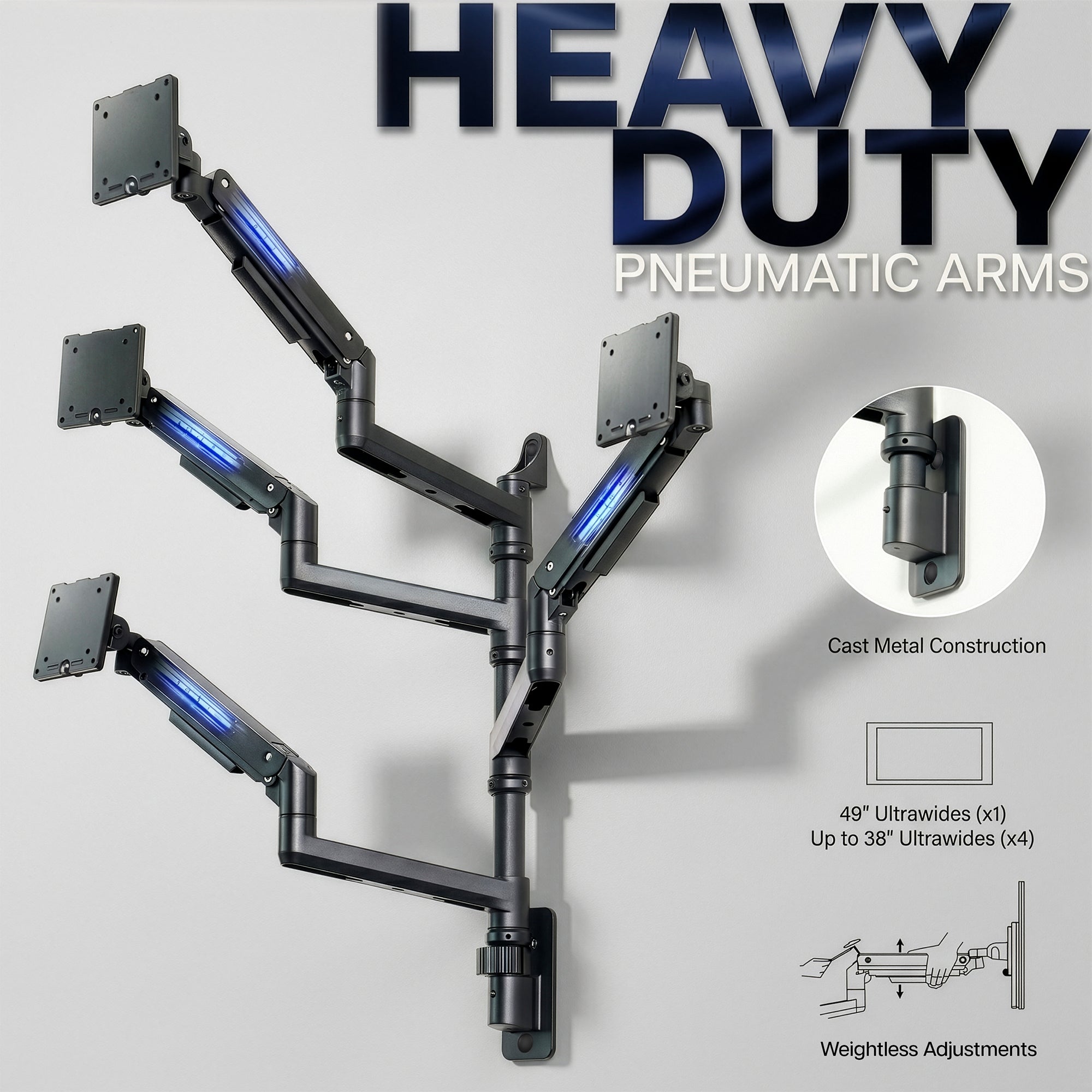Pneumatic Arm Quad Ultrawide Monitor Wall Mount - Up to 49" Screens