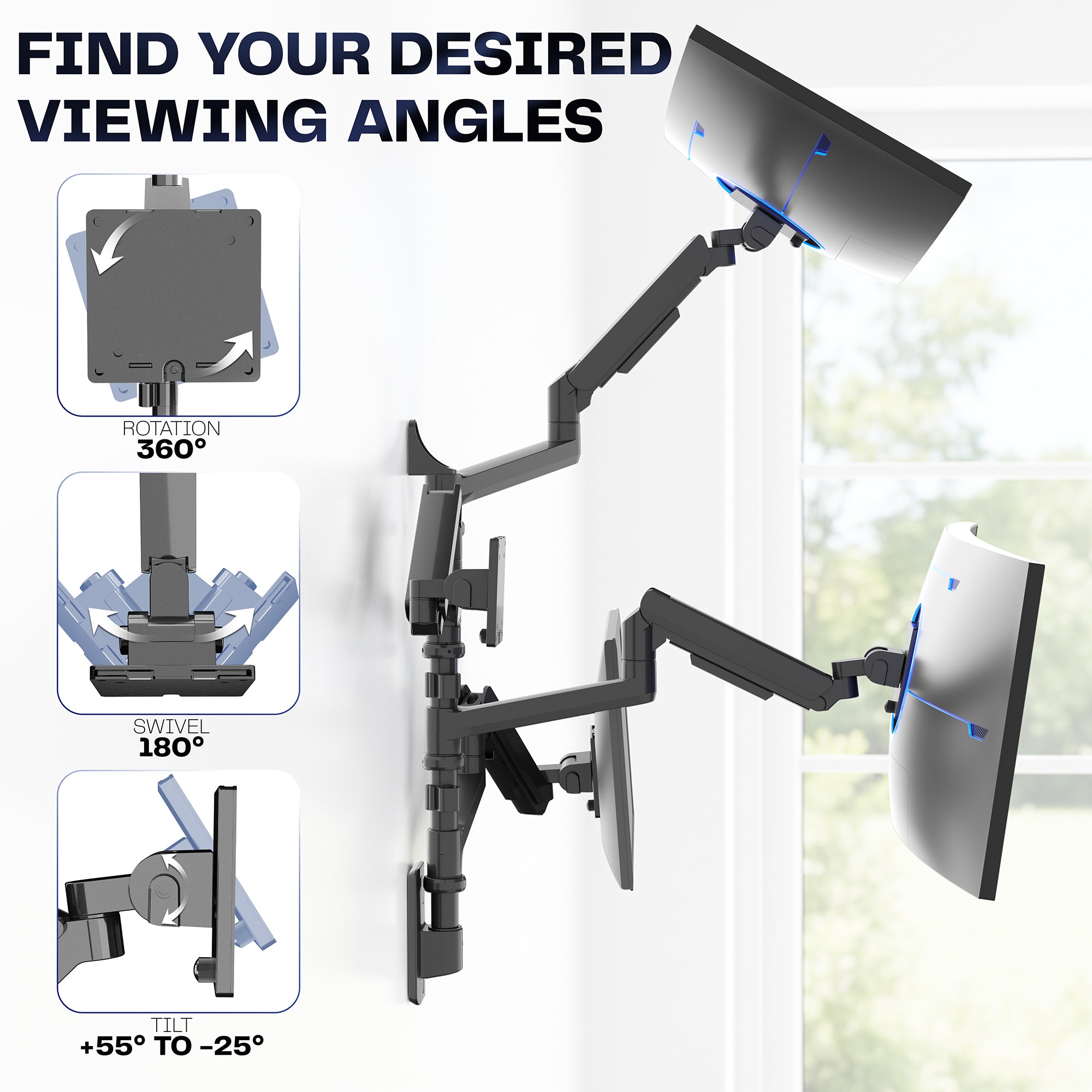 Pneumatic Arm Quad Ultrawide Monitor Wall Mount - Up to 49" Screens