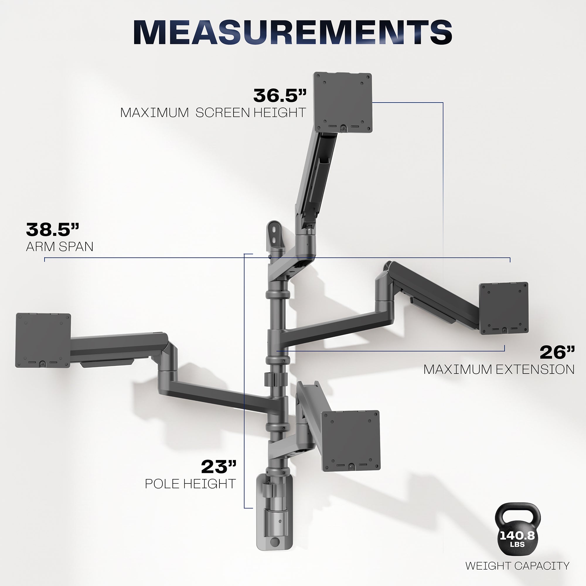 Pneumatic Arm Quad Ultrawide Monitor Wall Mount - Up to 49" Screens