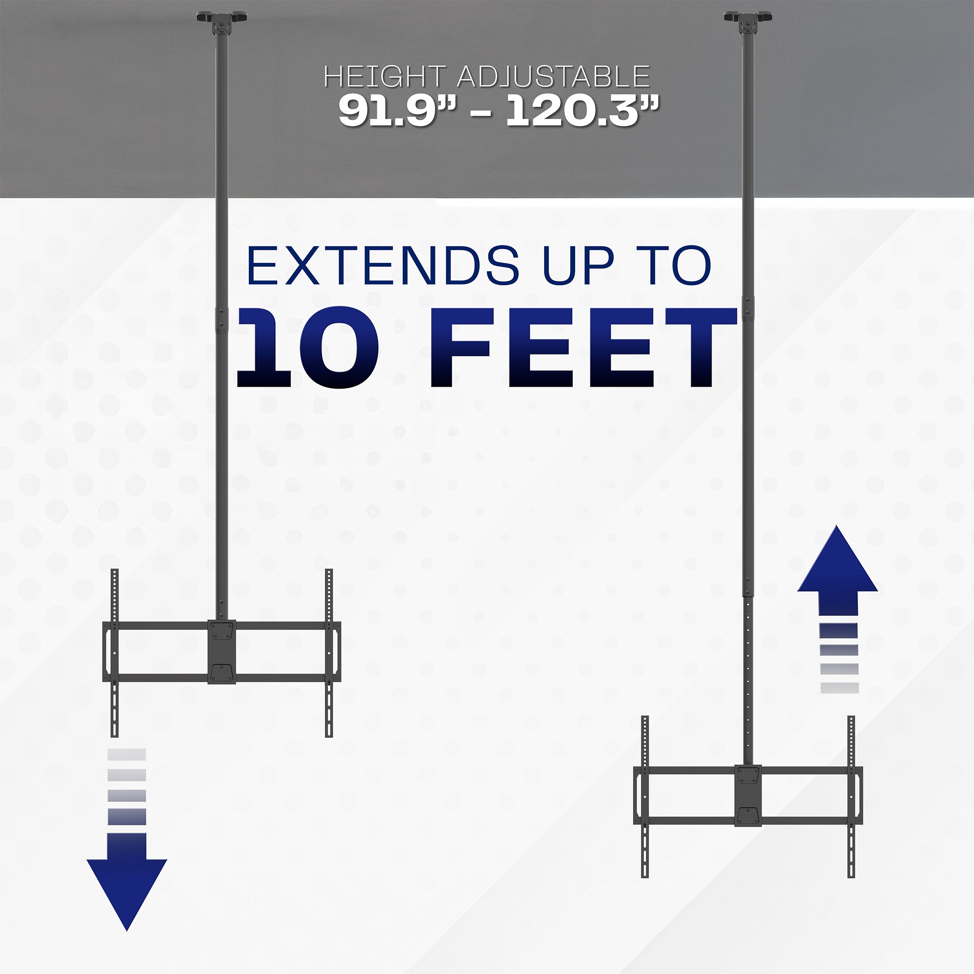 Height adjustable Large 50” to 100” TV Ceiling Mount with Extension Pole with measurement details on a white background