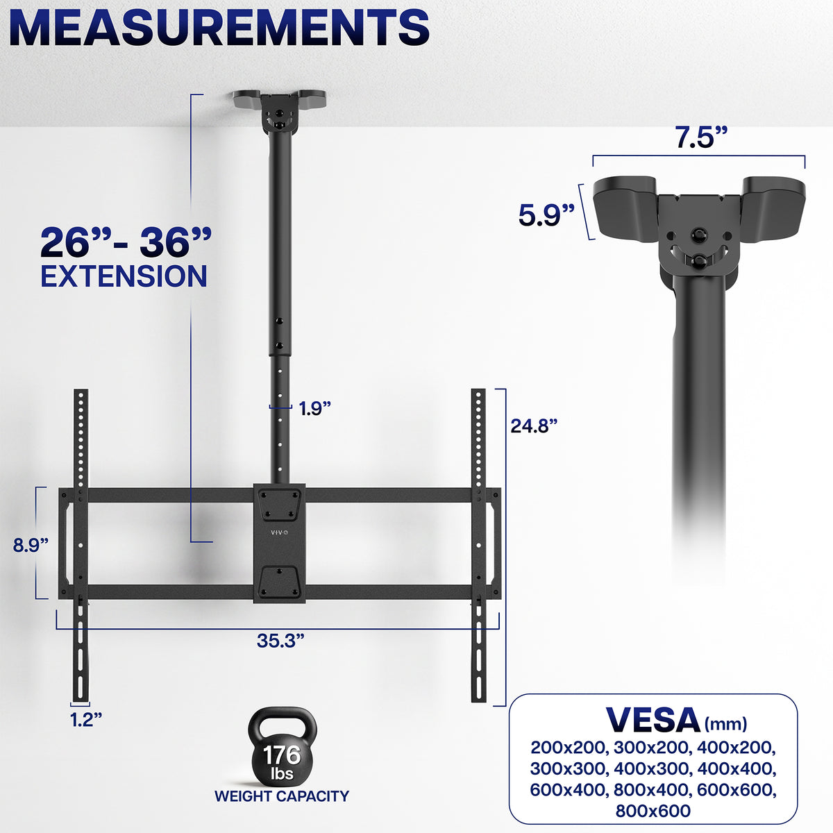 Large TV Ceiling Mount with Extension Pole - 50” to 100” Screens