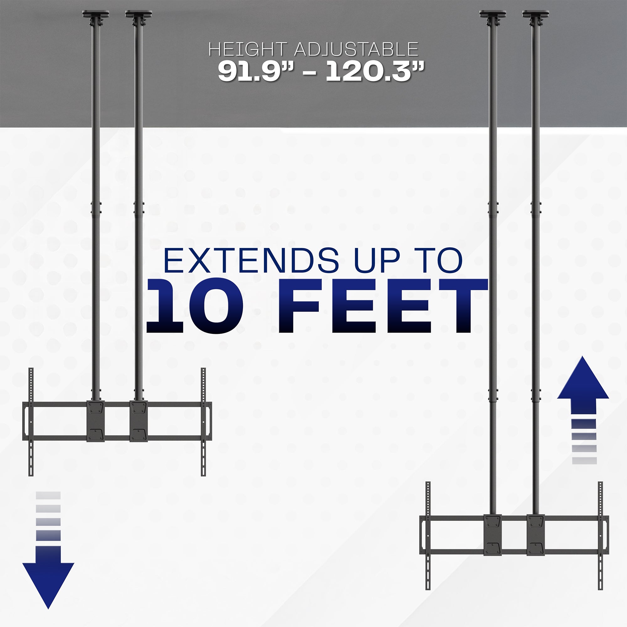 Dual Pole Extra Large 60” to 120” TV Ceiling Mount with Extension Pole with measurement details on a white background