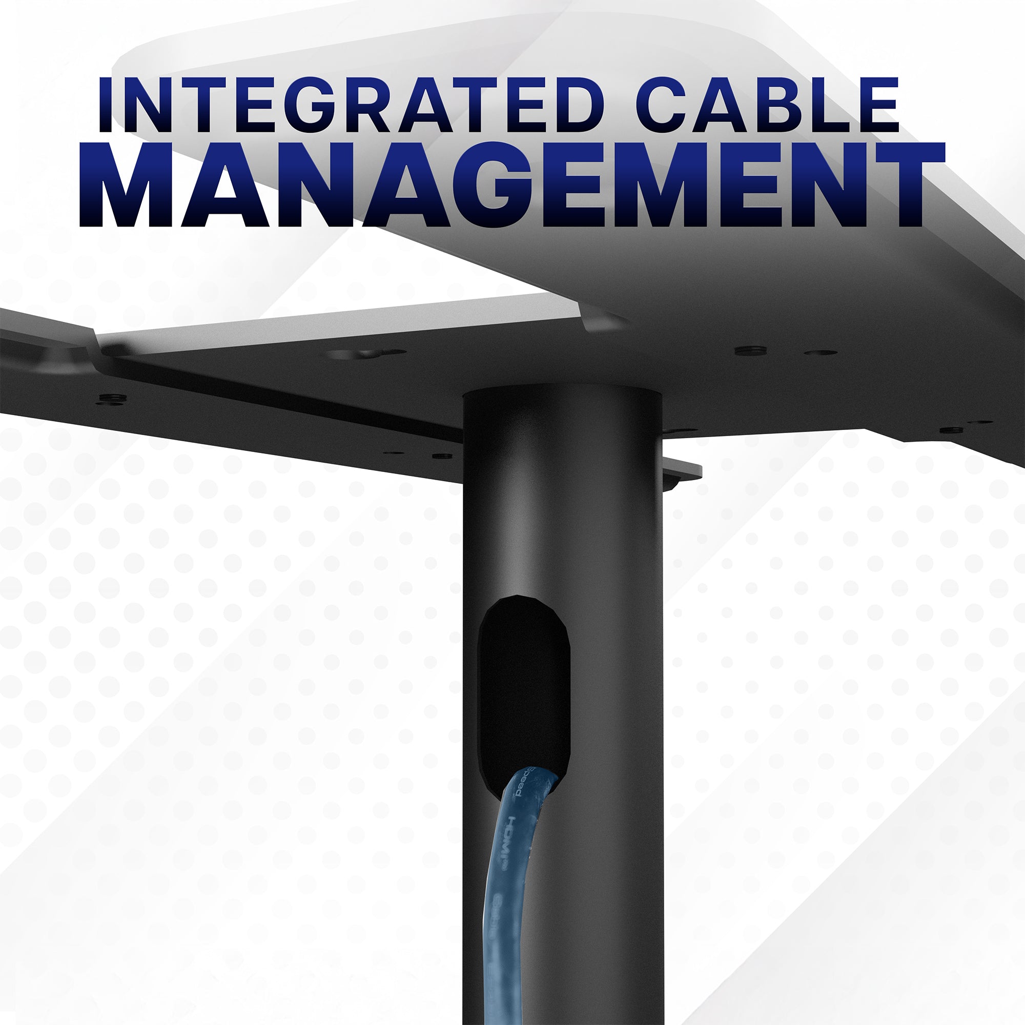 Integrated cable management system with a blue cable running through it on a white background.