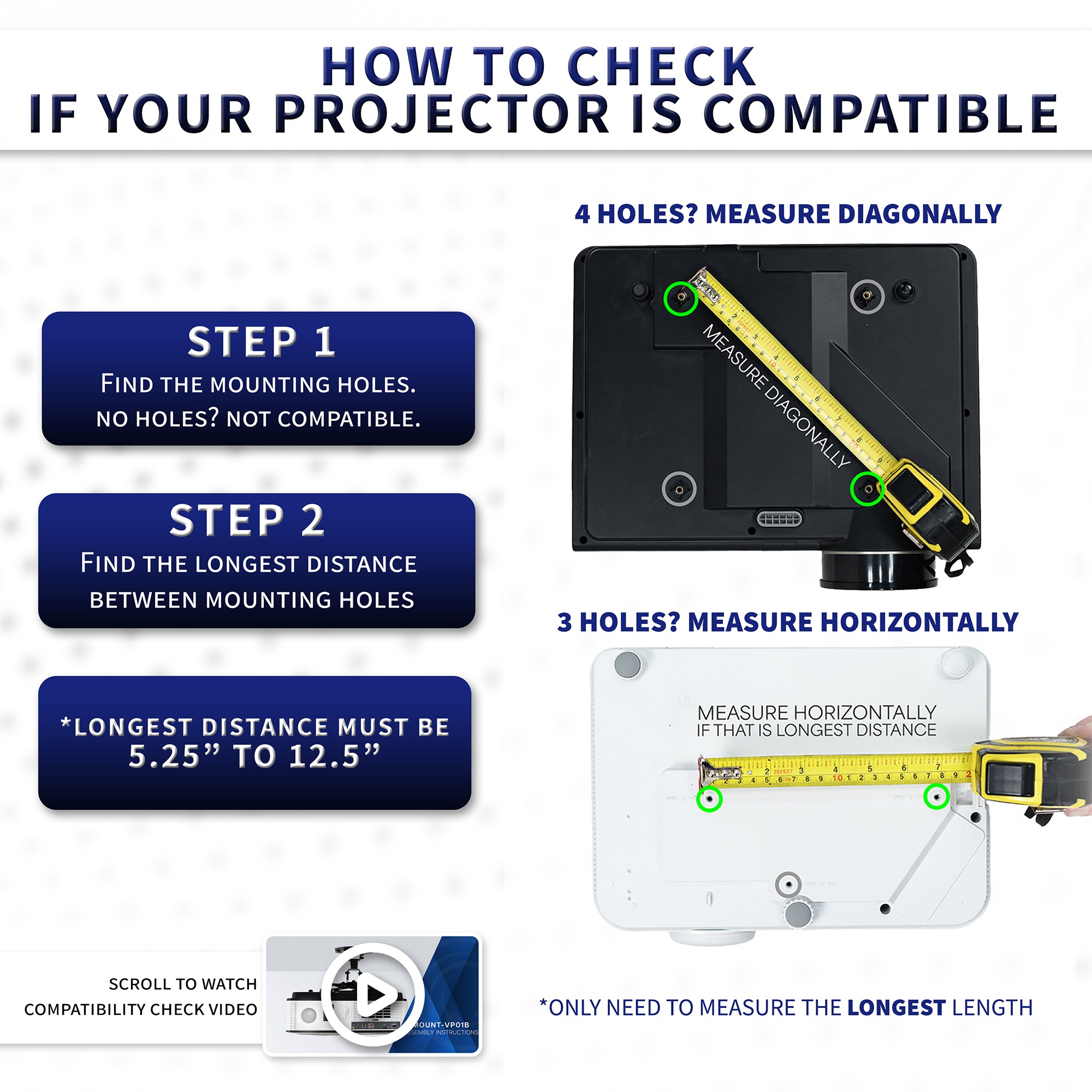 Instructions on how to check if a projector is compatible with mounting holes.