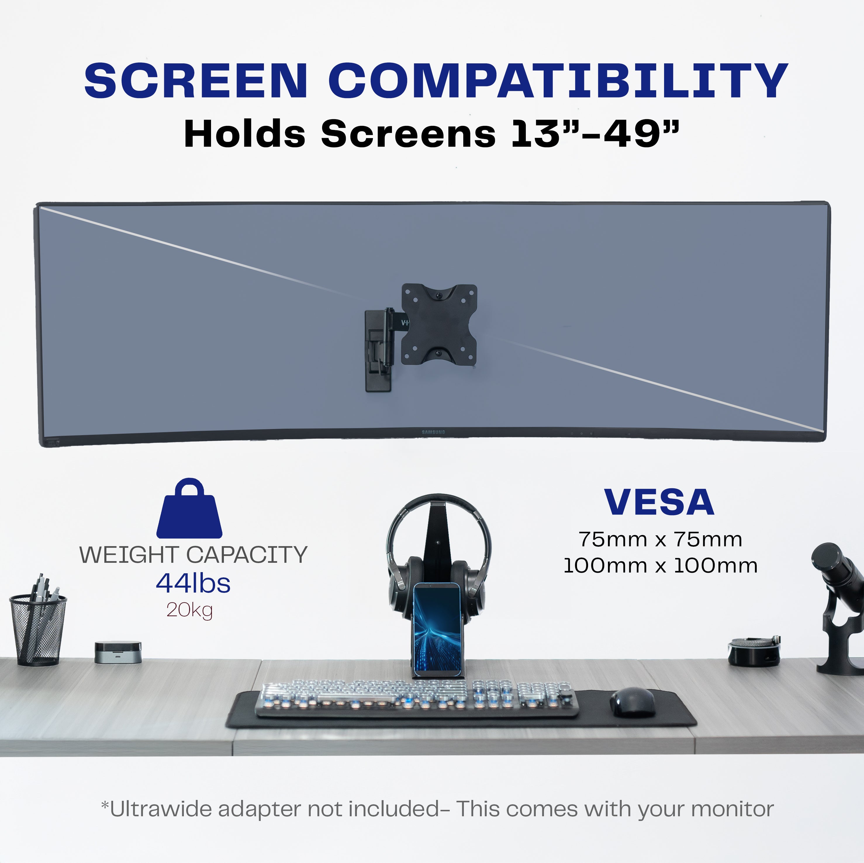 Full Motion Ultrawide Monitor Wall Mount for Screens 13" to 49" and up to 44lbs
