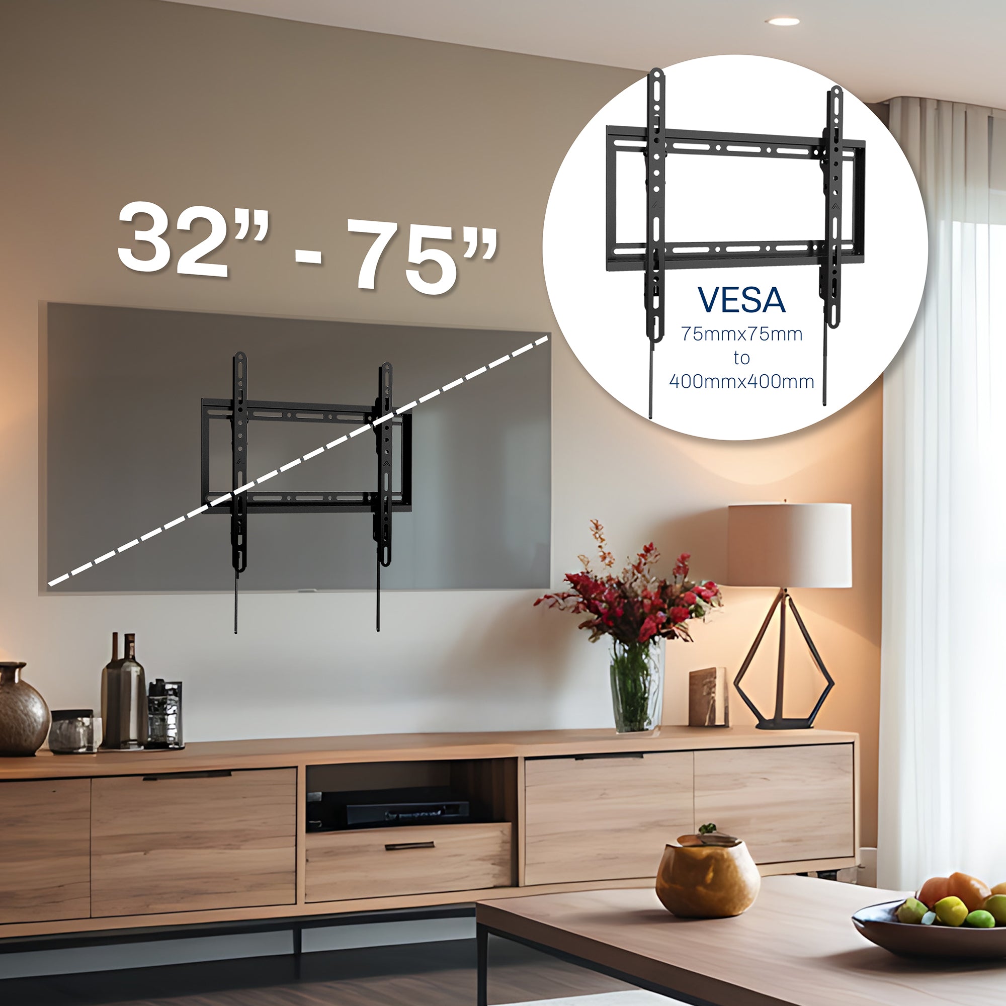 TV wall mount with VESA compatibility on a living room wall
