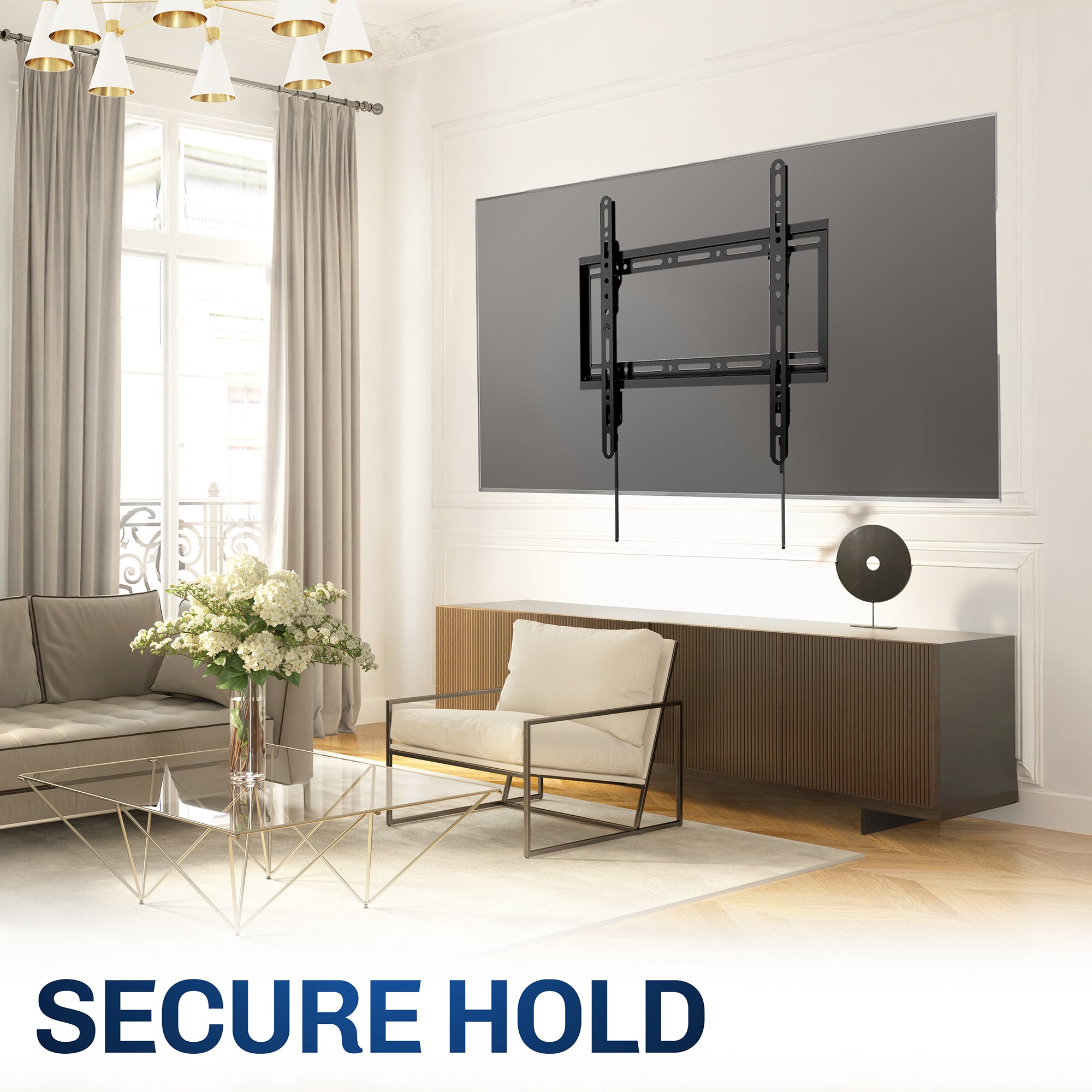 Modern living room with a mounted TV and text