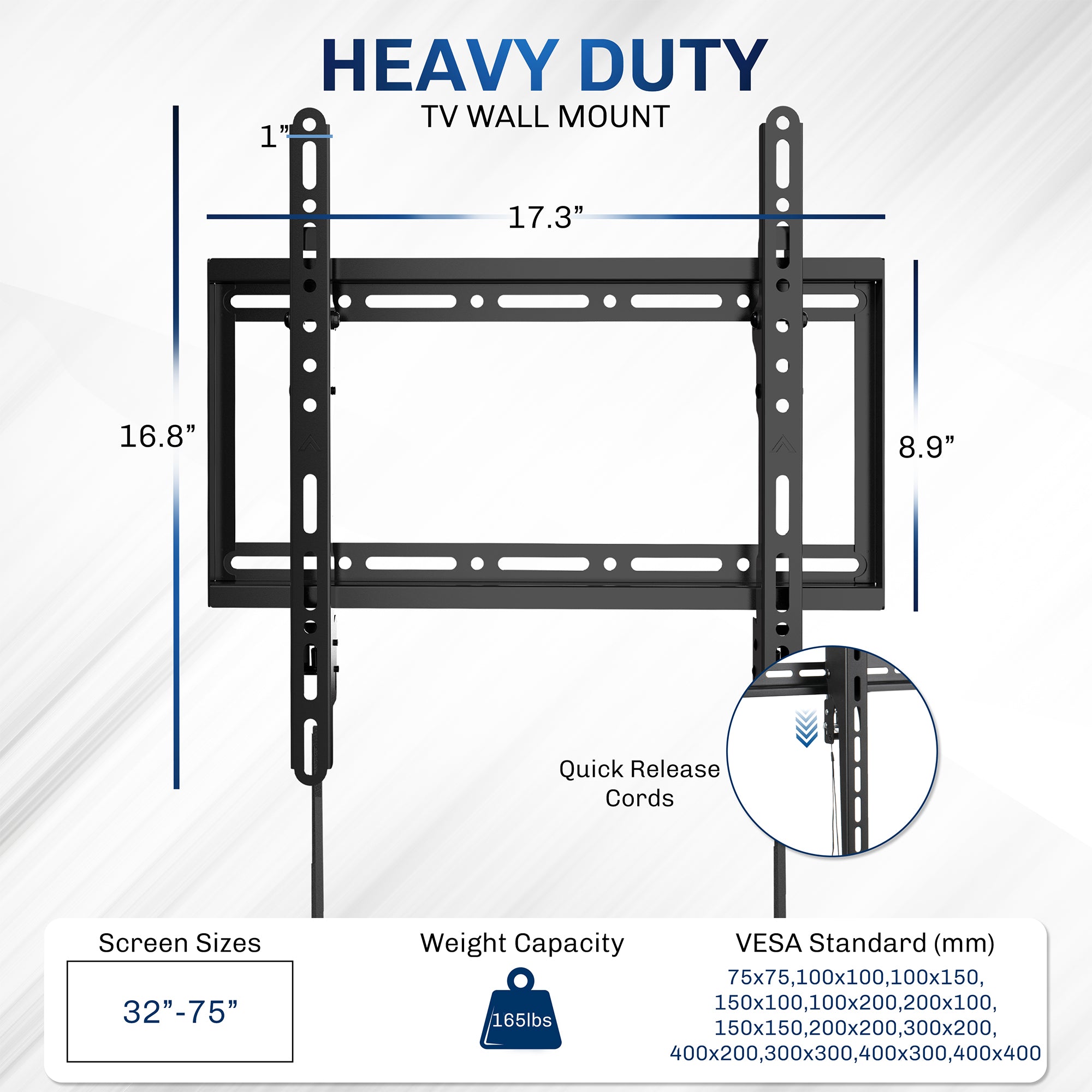 Heavy-duty TV wall mount with dimensions and features on a white background