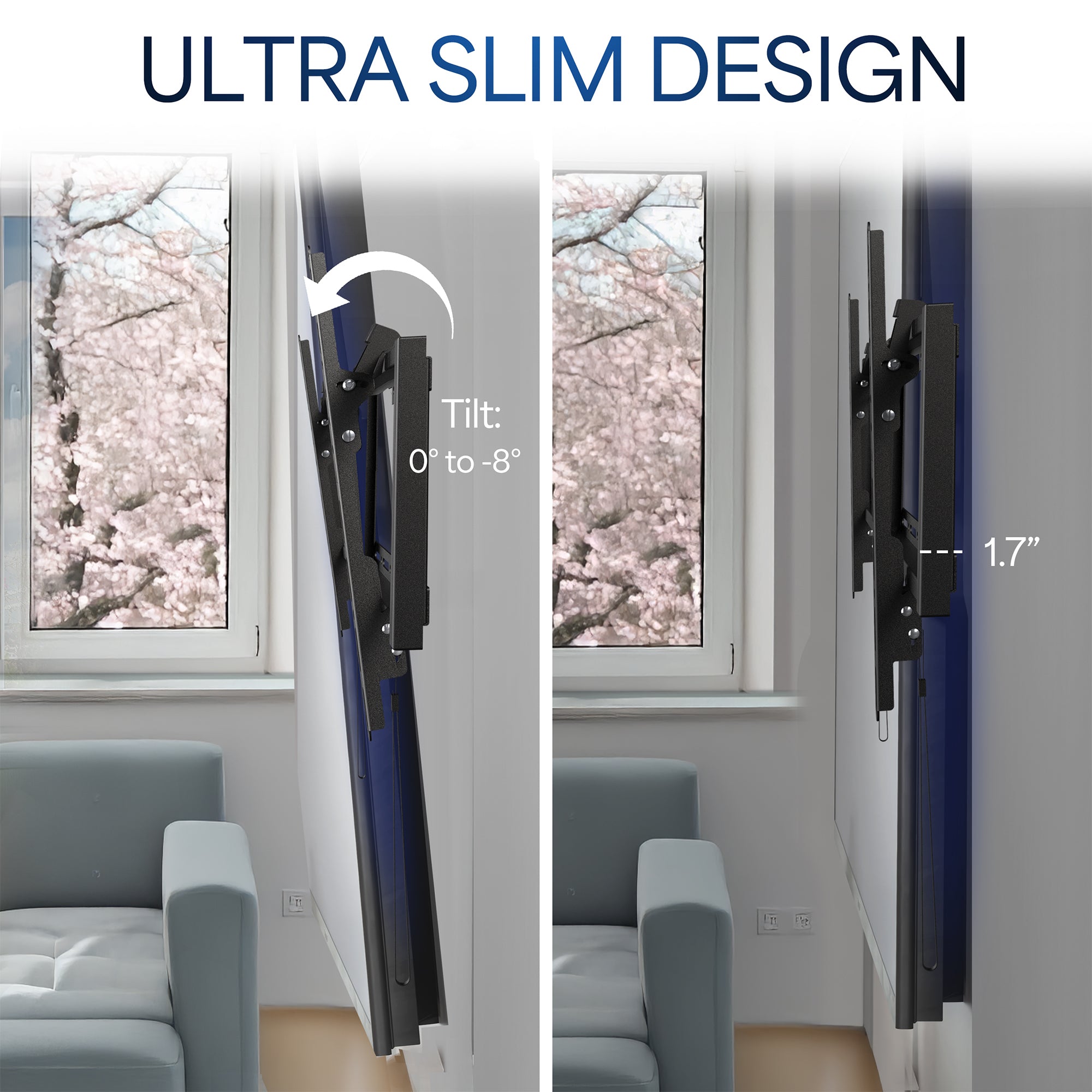 TV wall mount with ultra slim design features shown in a room with trees outside.