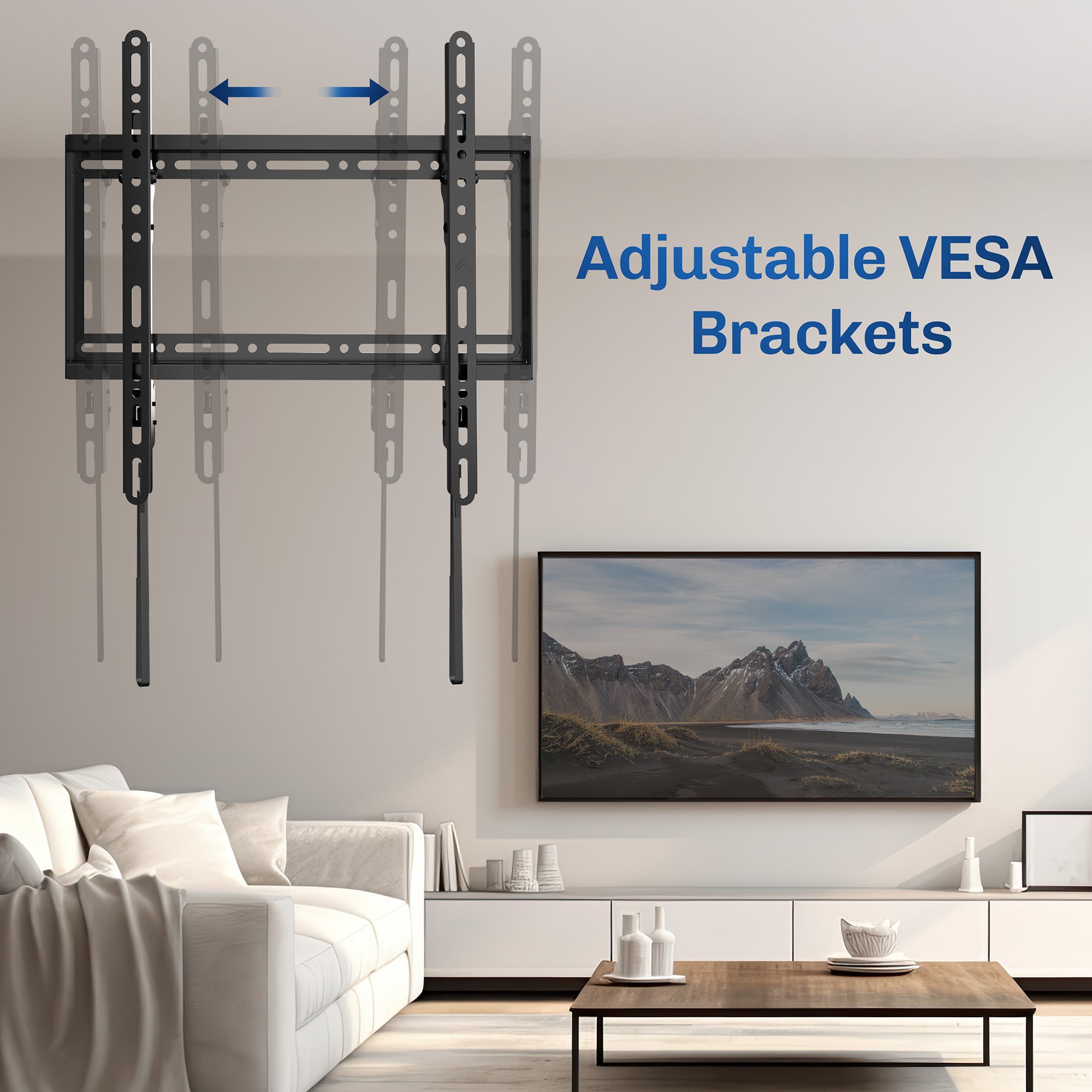 Adjustable VESA brackets for wall mounting a TV in a living room setting.