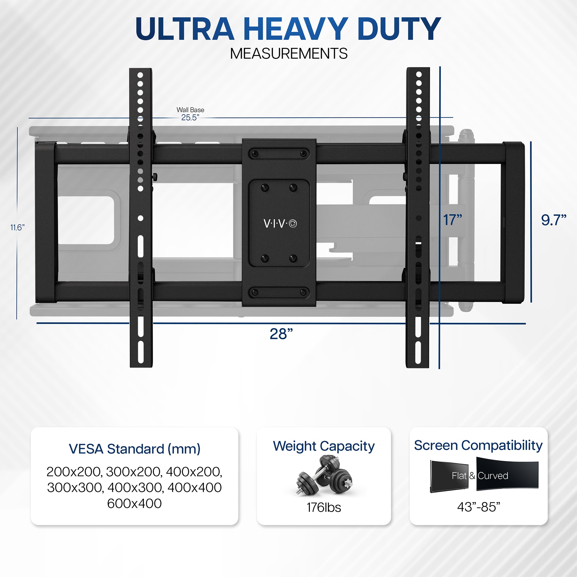 Ultra heavy-duty TV wall mount with dimensions and specifications on a white background