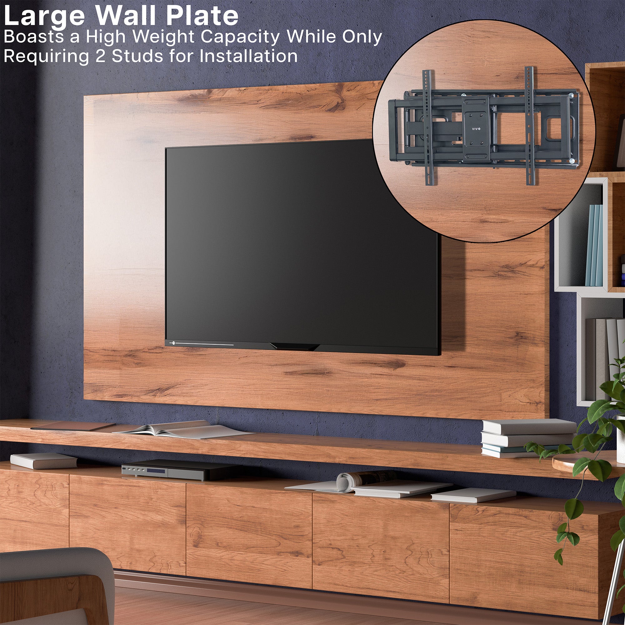 Wooden wall-mounted TV setup with large wall plate and inset detail
