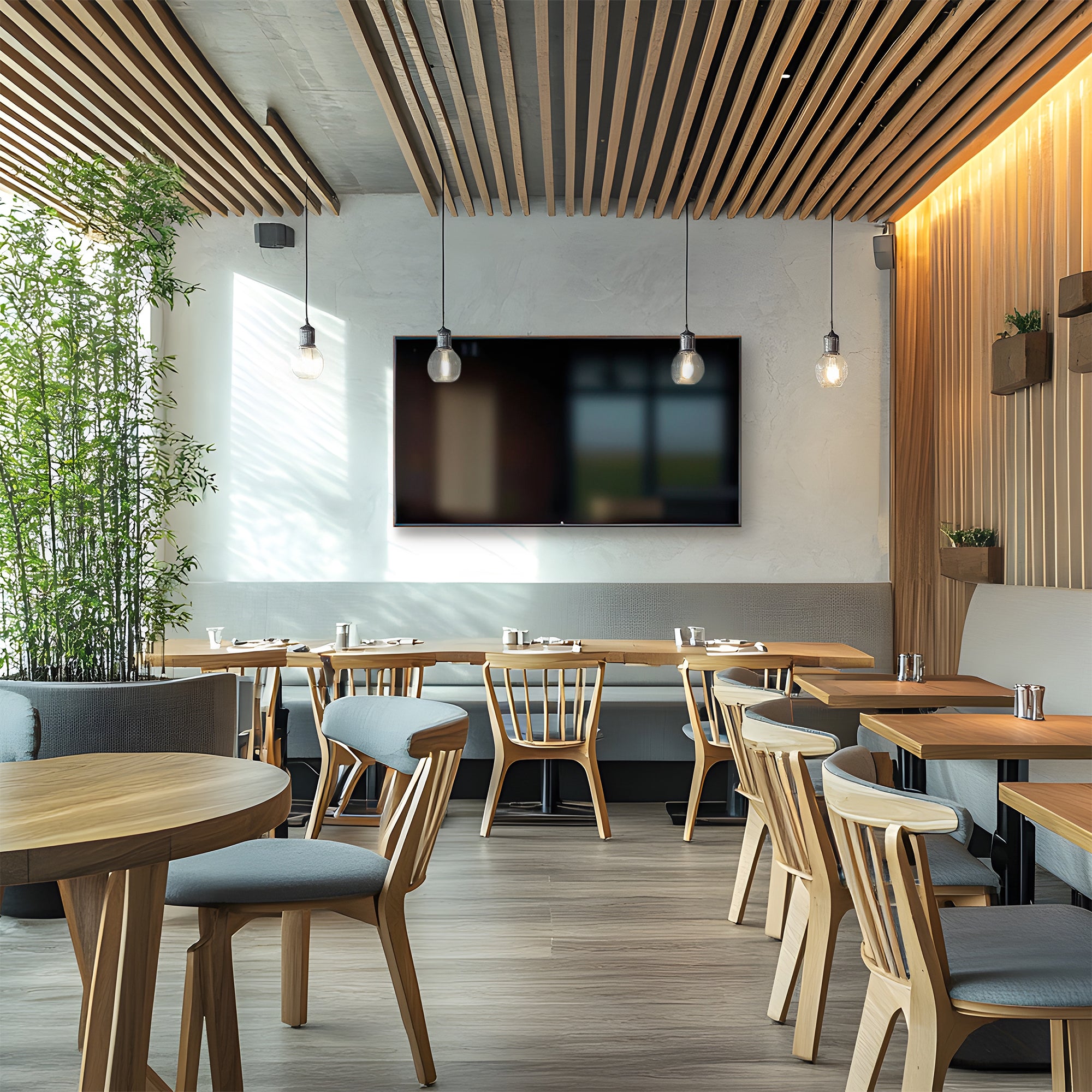 A black TV wall mount supporting a TV in a cafe setting.