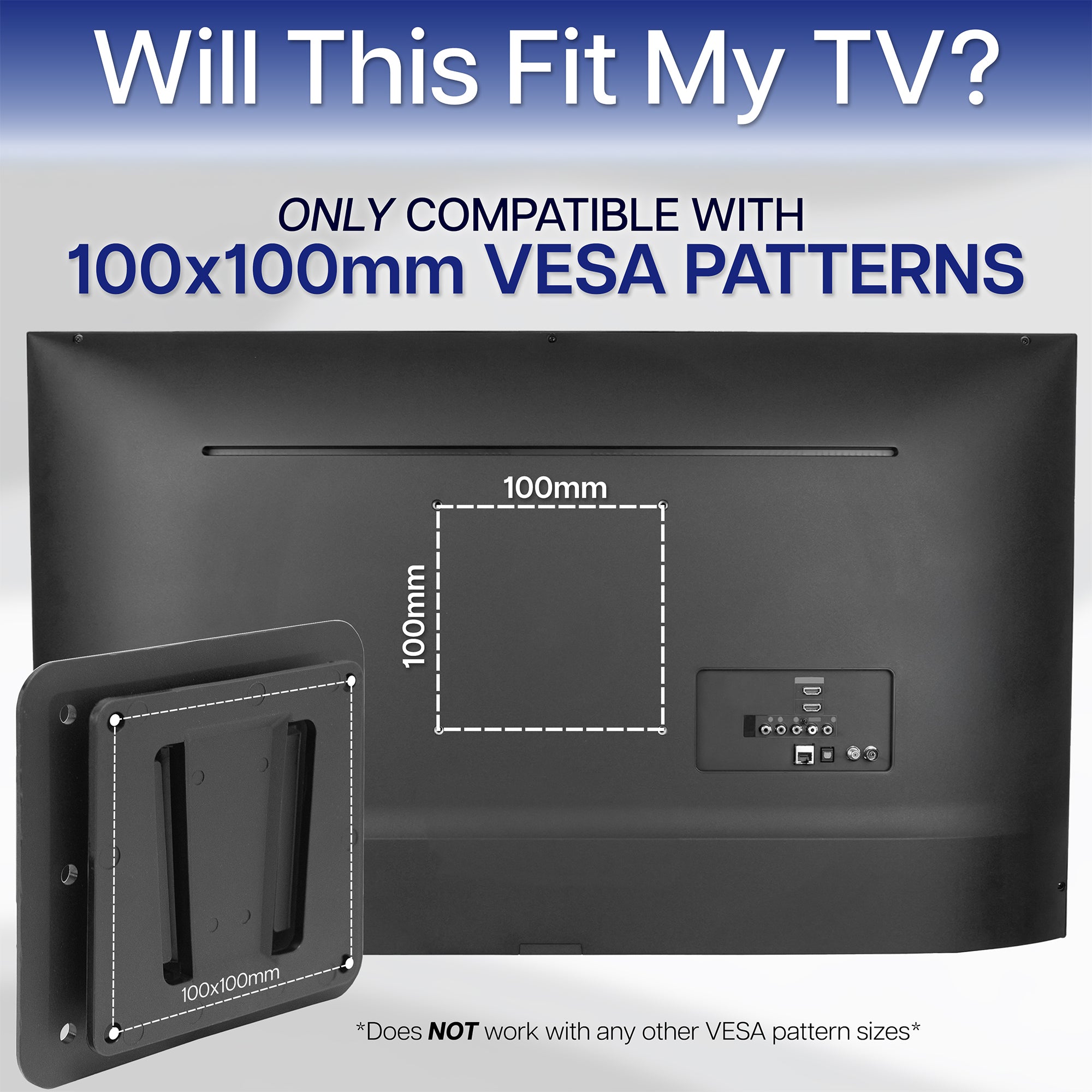 TV mount compatible with 100x100mm VESA patterns on a gray background