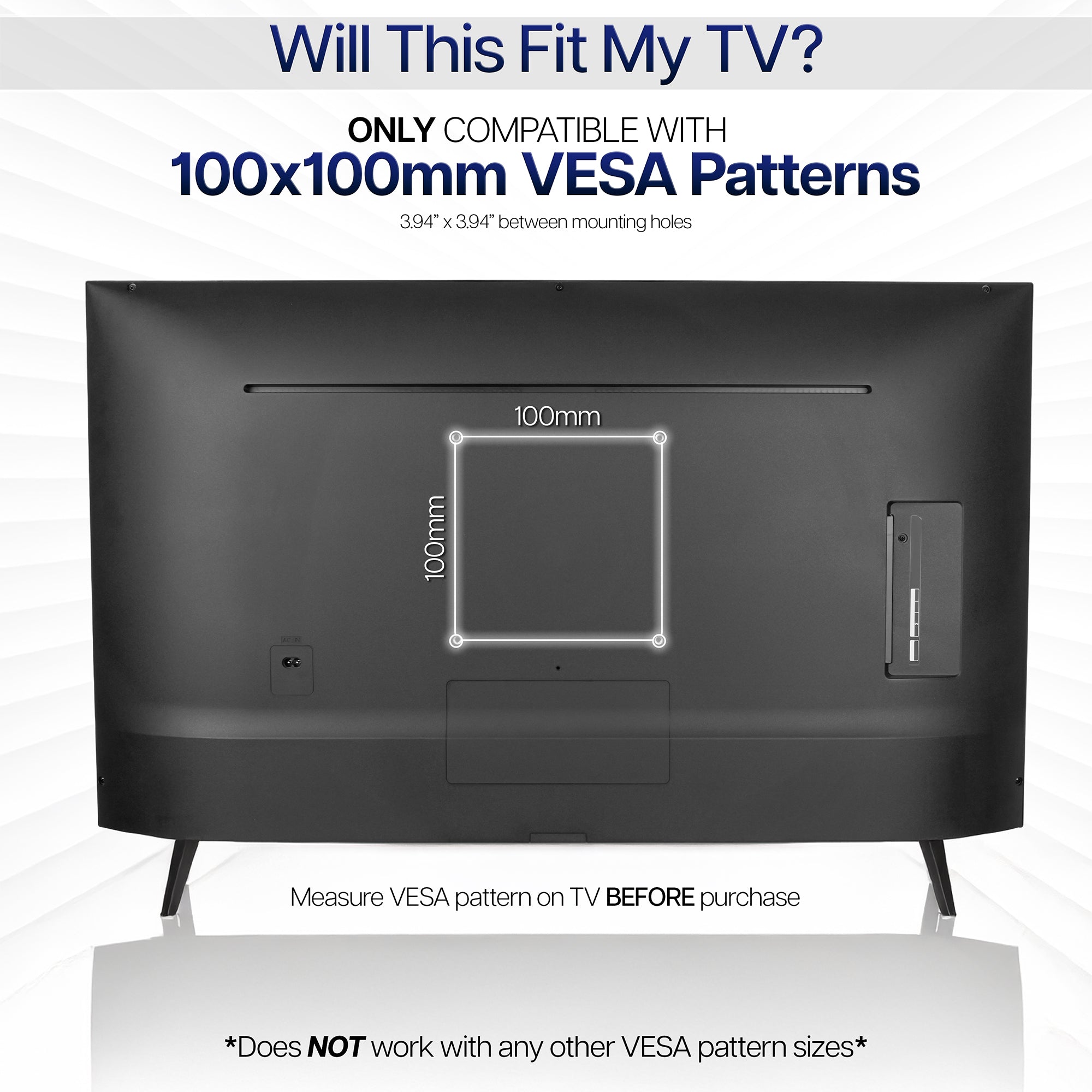 TV mount compatible with 100x100mm VESA patterns on a gray background