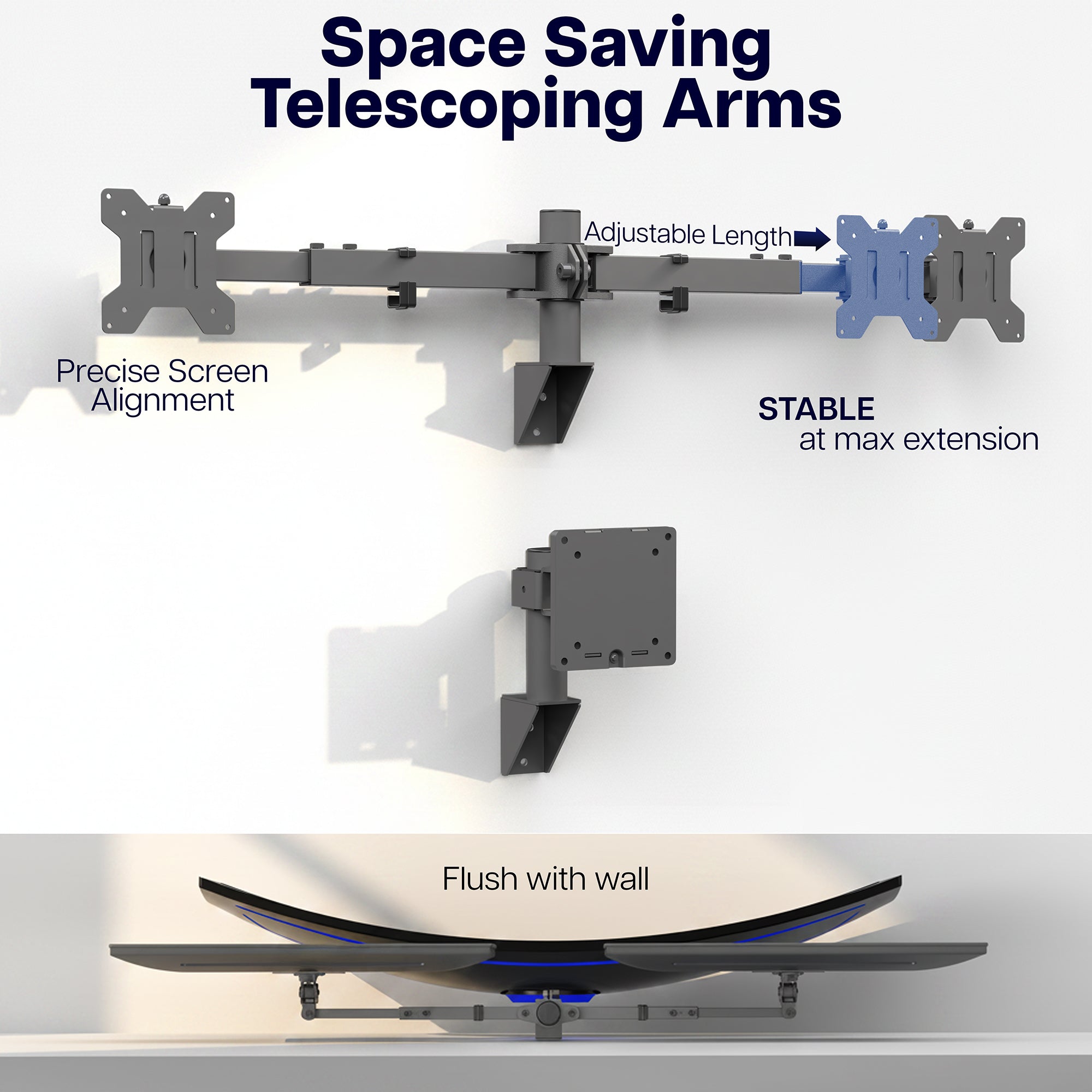 Telescoping Dual Monitor Wall Mount + Single Ultrawide Monitor Wall Mount - 21” to 49” Screens