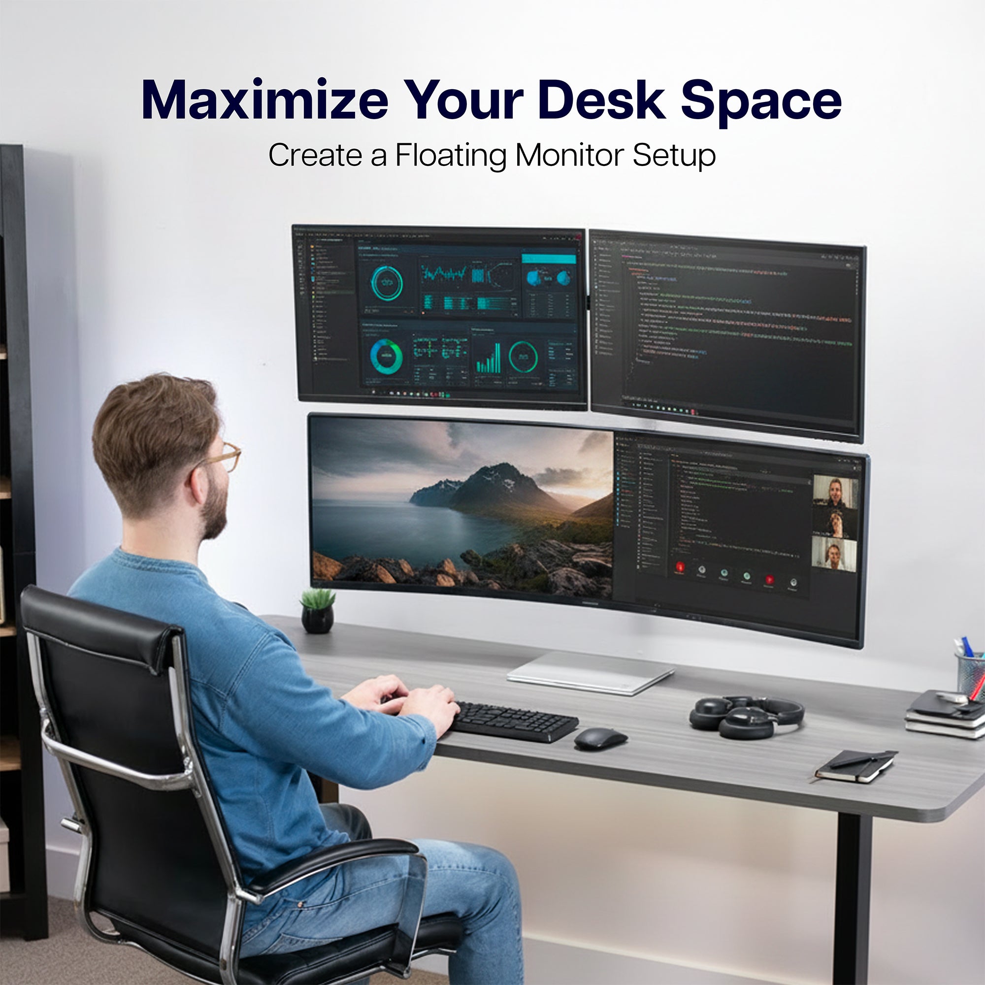 Telescoping Dual Monitor Wall Mount + Single Ultrawide Monitor Wall Mount - 21” to 49” Screens
